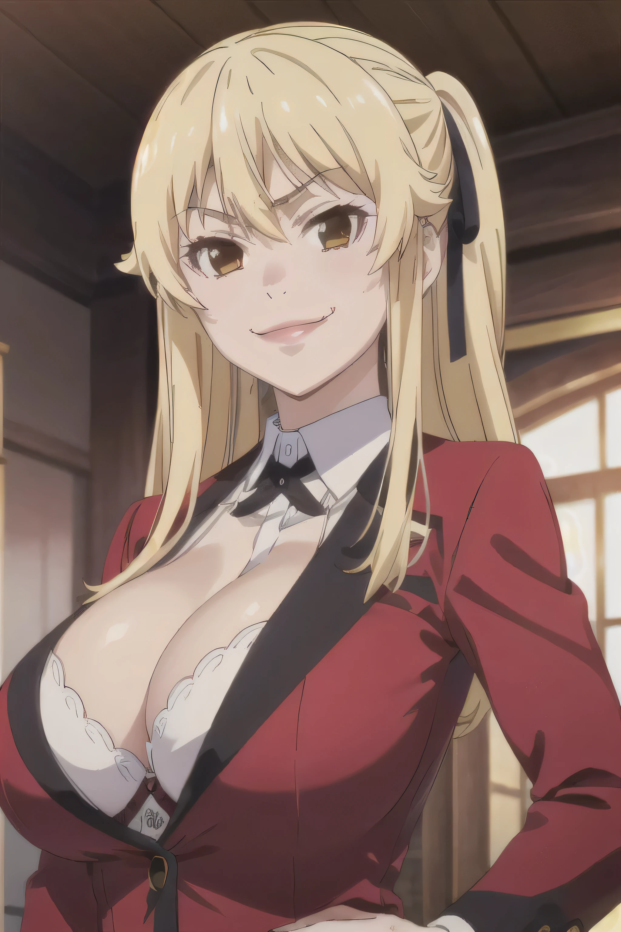 (((pixel-perfect, detail-perfect))), solo, 1girl, mary satome, blazer, upper body, looking at viewer, smug, smile, large breasts, huge breasts, big breasts, cleavage, unbuttoned jacket, red lace bra