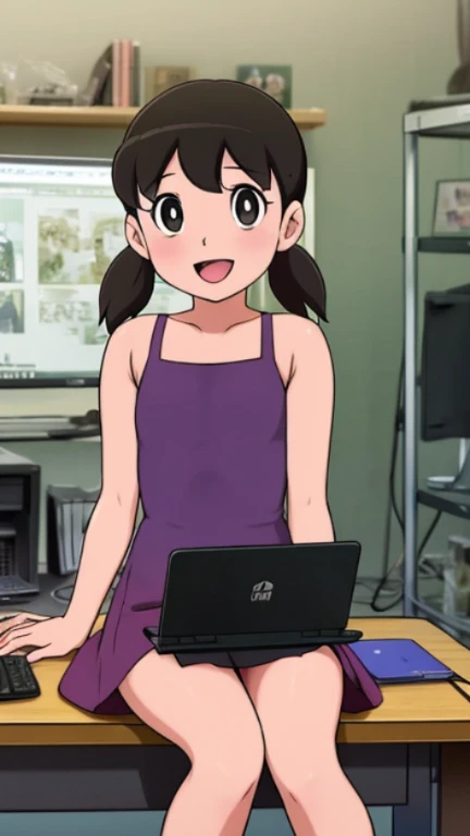 A woman sitting at a desk with a laptop and microphone, sitting in front of a microphone, Twitch streamer, Twitch streamer/gamer Ludwig, giving an interview, accurate portrait, taking control while smiling, H3H3, with a happy expression, accurate representation, in front of a computer, trending art, Shutterstock, studio shot, very expressive, realistic anime, drawn,shizuka