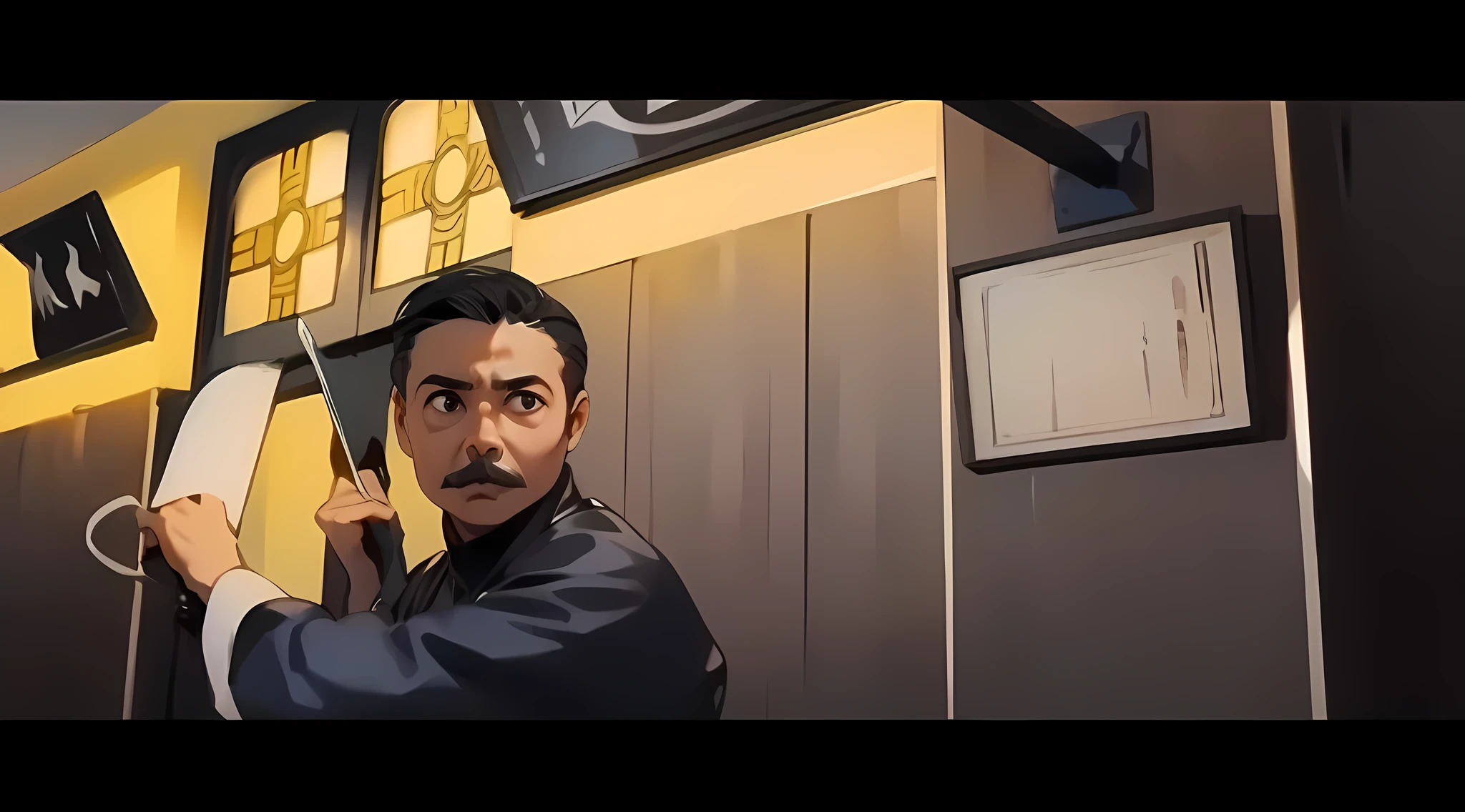 best quality, background according to the example image,boy,very thin mustache ,, carrying a sword,, anime face, perfect movements, best results, very perfect details