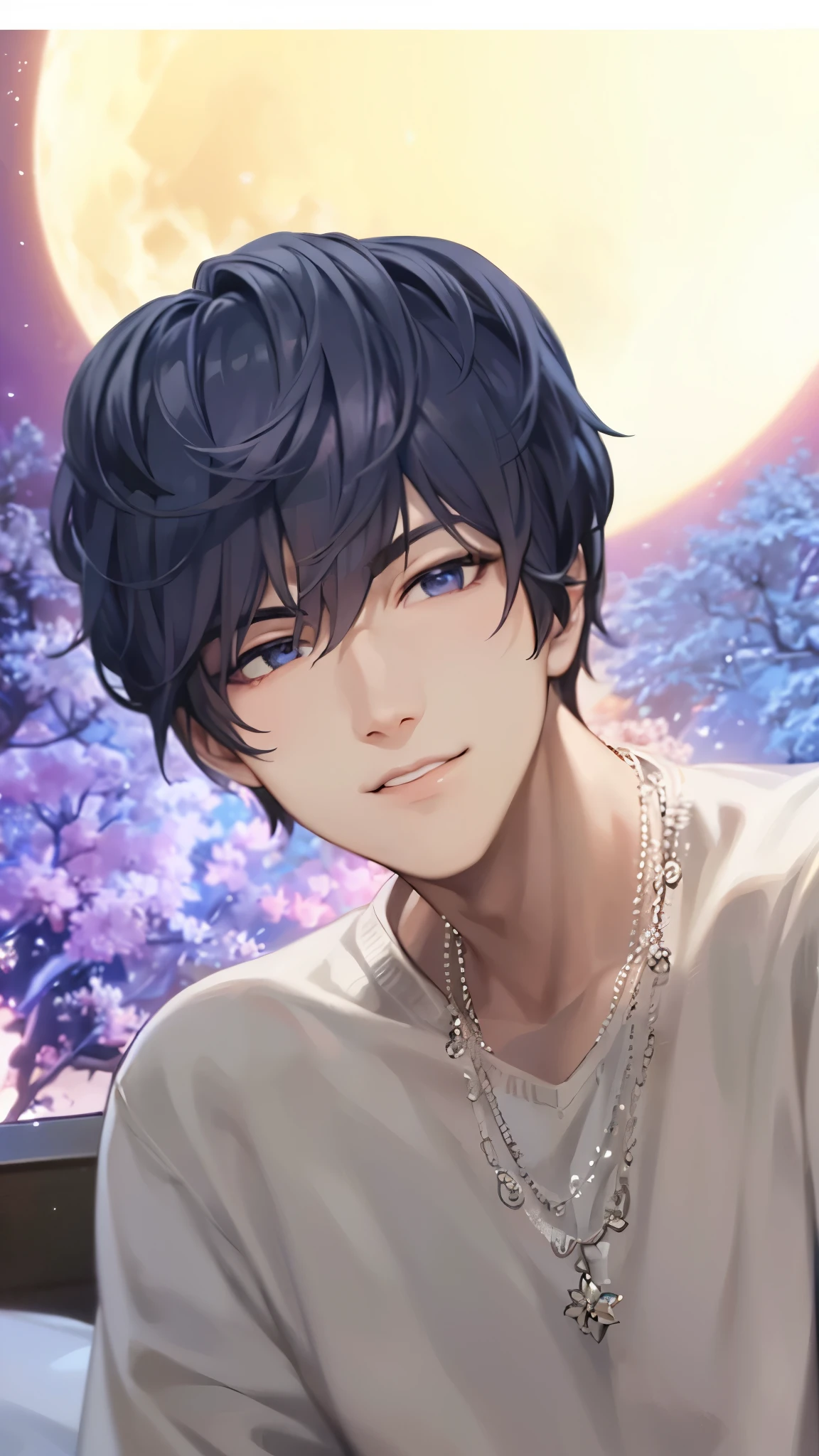 a handsome guy、serious expression、please close your mouth、Cherry blossoms at night、moon、cool look、Highly Detailed CG Unity 8K Wallpaper, (super masterpiece, beautiful person, well detailed face polluted smile, It's photorealistic, hyper realistic)cool and cool face