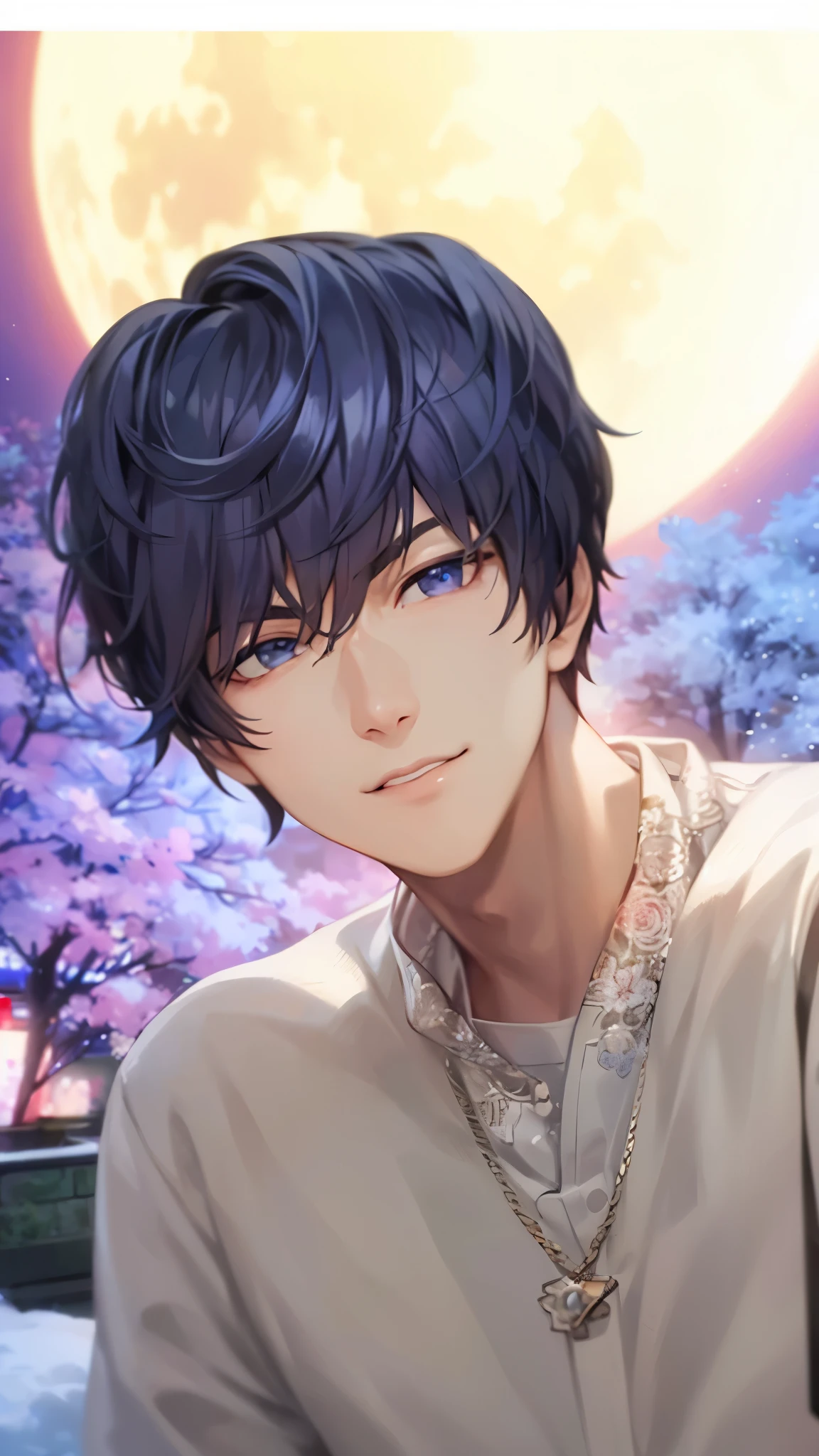 a handsome guy、serious expression、please close your mouth、Cherry blossoms at night、moon、cool look、Highly Detailed CG Unity 8K Wallpaper, (super masterpiece, beautiful person, well detailed face polluted smile, It&#39;s photorealistic, hyper realistic)cool and cool face