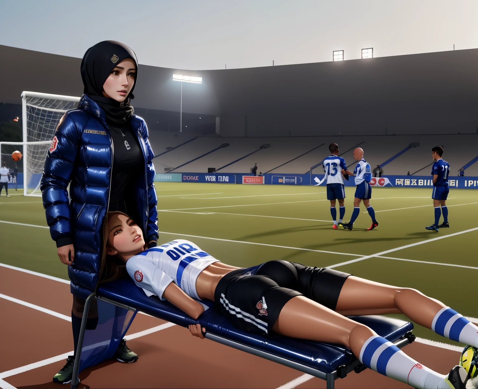 laquered Moncler downcoat made from very shiny patent fabric, lacquered and very shiny Moncler down coat, a lying soccer man on a stretcher, a muslim woman is wearing a laquered Moncler downcoat made from very shiny patent fabric, lacquered and very shiny Moncler down coat, Woman in hijab carrying a man on a soccer field, Realistische Szene, realistische Aufnahme, Ein hyperrealistisches, Detaillierte Szene, a very smooth and very shiny and very glossy padded Moncler down coat, His hands cover his face, The man held his hands in front of his face, Both hands are in front of his face, Bald man on a stretcher, die von einer Frau getragen wird, Gargling woman in shiny black plastic coat in front of us with angry face and extremely horrified and desperate expression on her face from right to left across the football field, Frau, who wears a stretcher in a horizontal orientation, on which lies an injured footballer in dull and dusty blue sportswear, The footballer lies sideways on the stretcher, the legs slightly bent and the upper body turned towards us, and has both arms bent and his hands in front of his face, The footballer's head on the stretcher lies close to the women's deep black plastic coat and is covered by the footballer's arms and hands, The footballer in the Cotton Sportswear mat has his hands clasped in front of his face in pain, eine Aura des Schmerzes und der Traurigkeit ausstrahlend, The beautiful woman in the shiny black plastic coat carries the injured soccer player on the stretcher, which she carries across the soccer field in front of our eyes, In the background you can see the occupied stands of a football stadium, A football match in Italy, Sportverletzung, Transport auf der Trage, Jennifer Lopez, high res photo, Ultra-realistisches Foto, Fotorealistische Aufnahme, Super high-resolution and sharp photo, Shiny black plastic burqa, Bester Schuss, Beeindruckendes Gewinnerfoto, realistische Aufnahme, Perfekter Schuss, verletzt, Intensiver Moment, 📷
