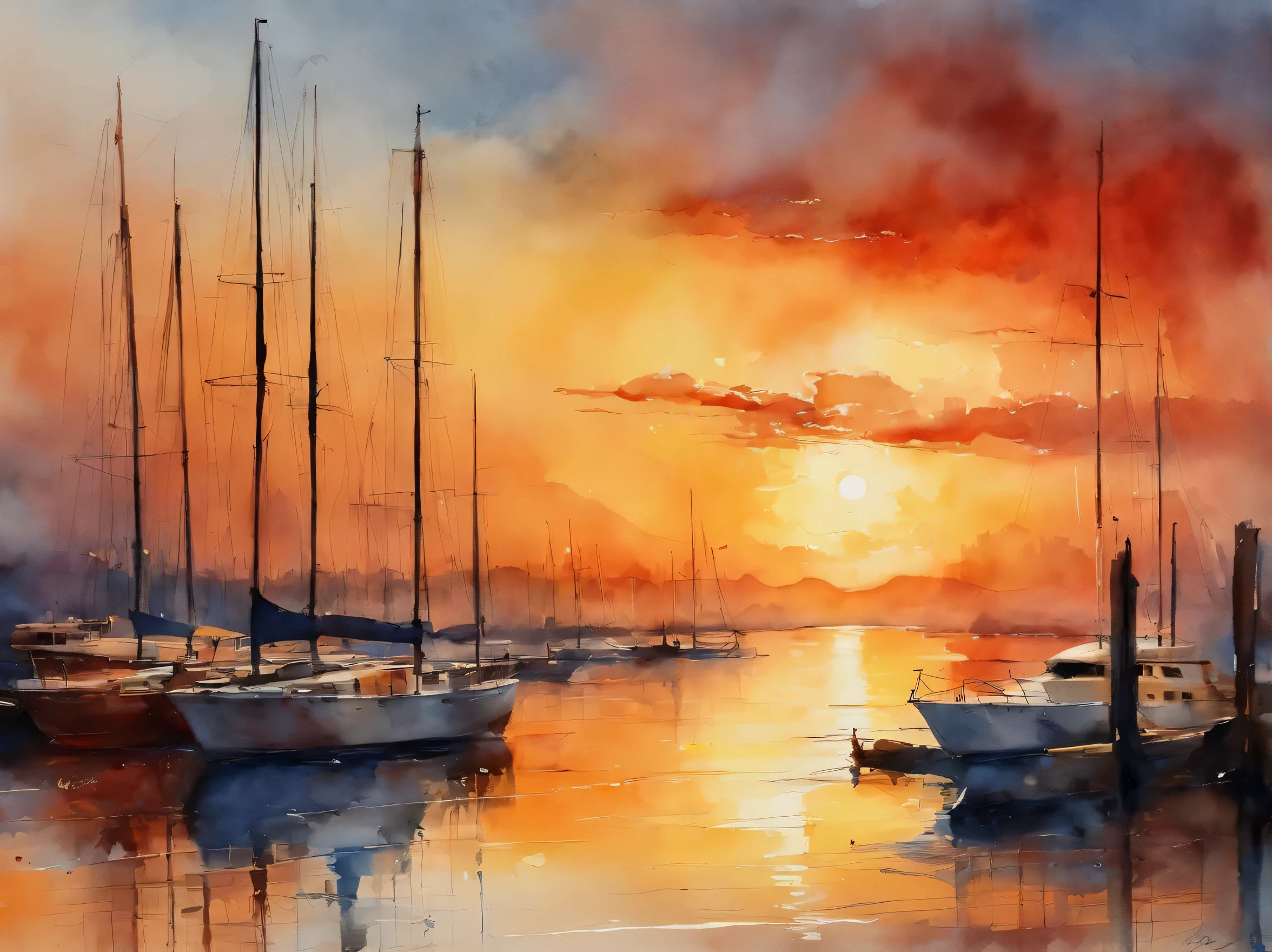 International marina at sunset,Various yachts arranged in order,There are motor boats swimming on the sea in the distance,Seabirds flying in the sky,The sun shines through the clouds,dye the sea red,yellow,Orange-red,watercolor art(chris palins style),Resolution is 8K,Provide detailed visuals。The artistic style is a depiction of nature,Emphasis on the exquisite details of a modern yacht,Full of energy,Orange-red,Red and dark blue shades。medium long shot,soft warm light,Tyndall light,It creates a peaceful and welcoming atmosphere。