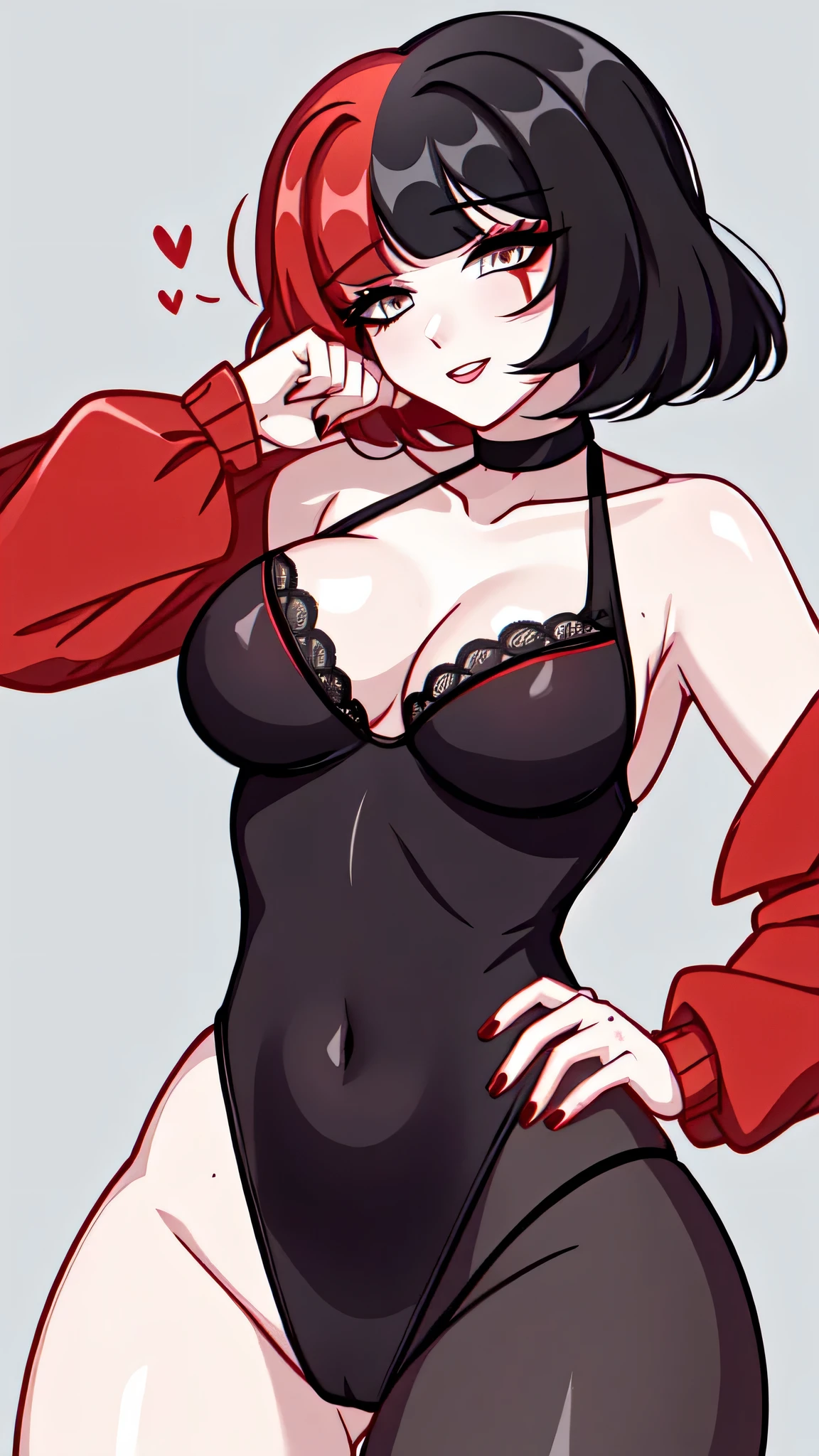 ("connection"), ("Red hair"),("black hair"), ("multicoloRed hairs"), ("short hair"), very sexy, embarrassed, Necklace, Lace underwear, black thighs , big breasts, horny