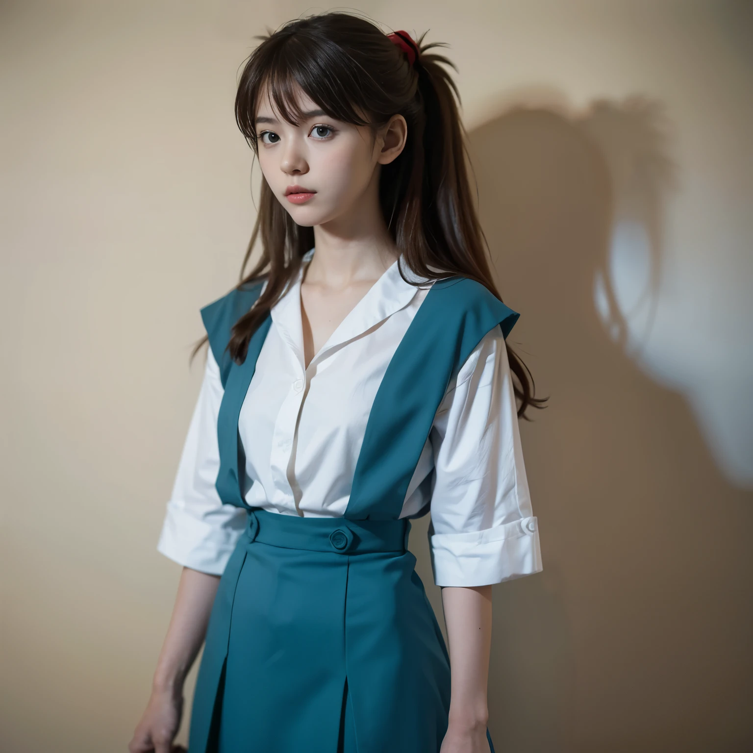(best quality,ultra-detailed,highres,masterpiece:1.2), (realistic:1.37), beautiful girl, Asuka Langley Soryu, Evangelion, , white shirt, light blue skirt, red ribbon, going to school