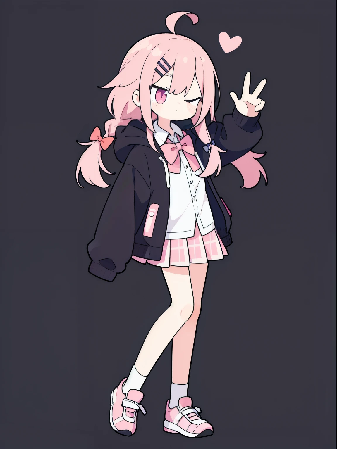 highres 1girl ahoge 鮑比_pin bow bowtie braid brmy own_Eyes collared_shirt dojikko_frilly pose_shirt frilled_shirt_Collarless joint_skirt frills hair_bow hair_ornament hairpin hand_exist_my own_head, heart, heart_hair_decorative hooded hood_jacket jacket lexistg_hair existe_Eye_Closed pentagram pink_hair plaid plaid_bow plaid_pleated skirt_skirt shirt shoelaces shoes simple_Background standing skirt solo star_(symbol) twin_Braid Wari raw white_background white_Raise your legs high, whole body