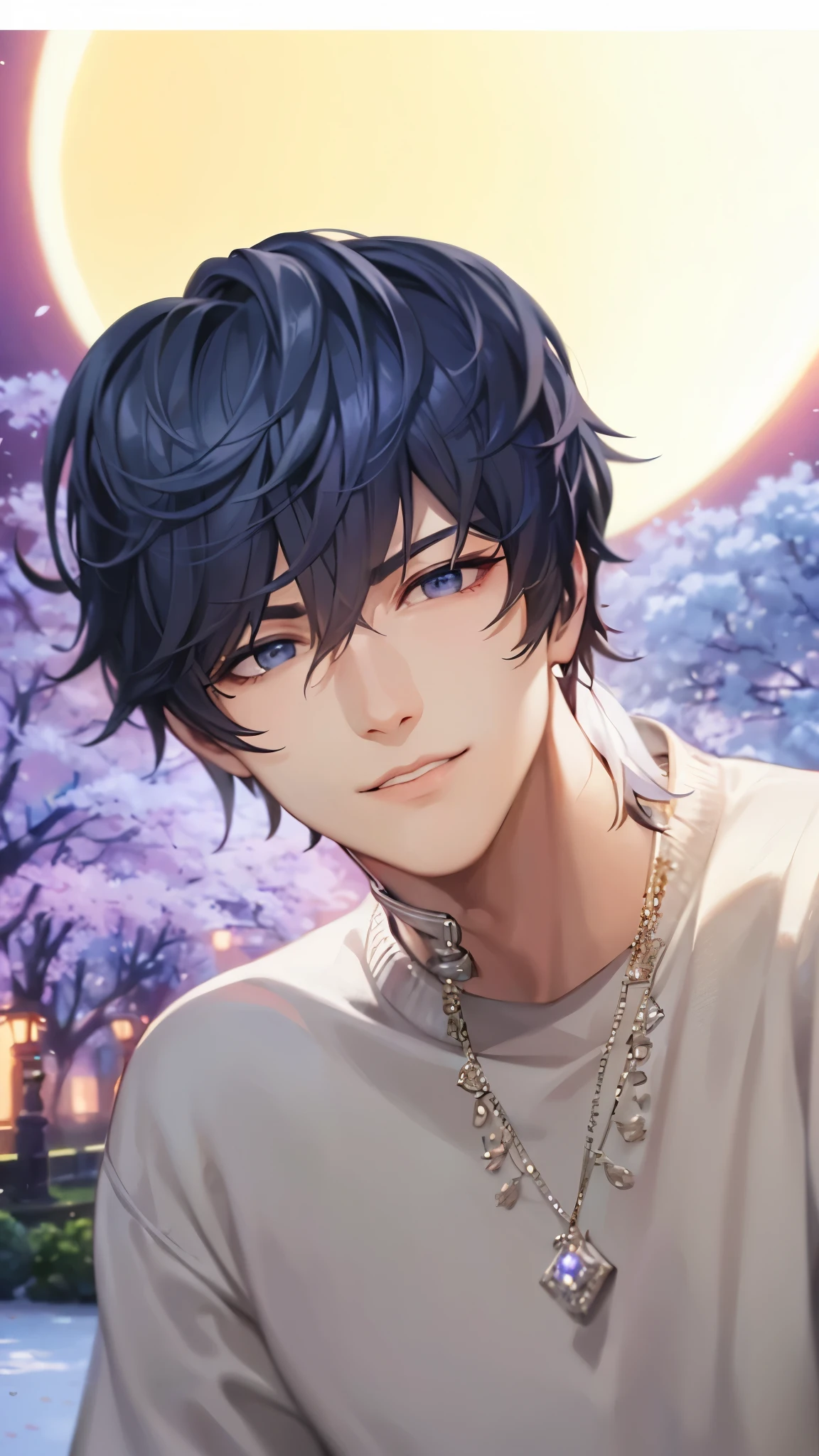 a handsome guy、serious expression、please close your mouth、Cherry blossoms at night、moon、cool look、Highly Detailed CG Unity 8K Wallpaper, (super masterpiece, beautiful person, well detailed face polluted smile, It's photorealistic, hyper realistic)cool and cool face