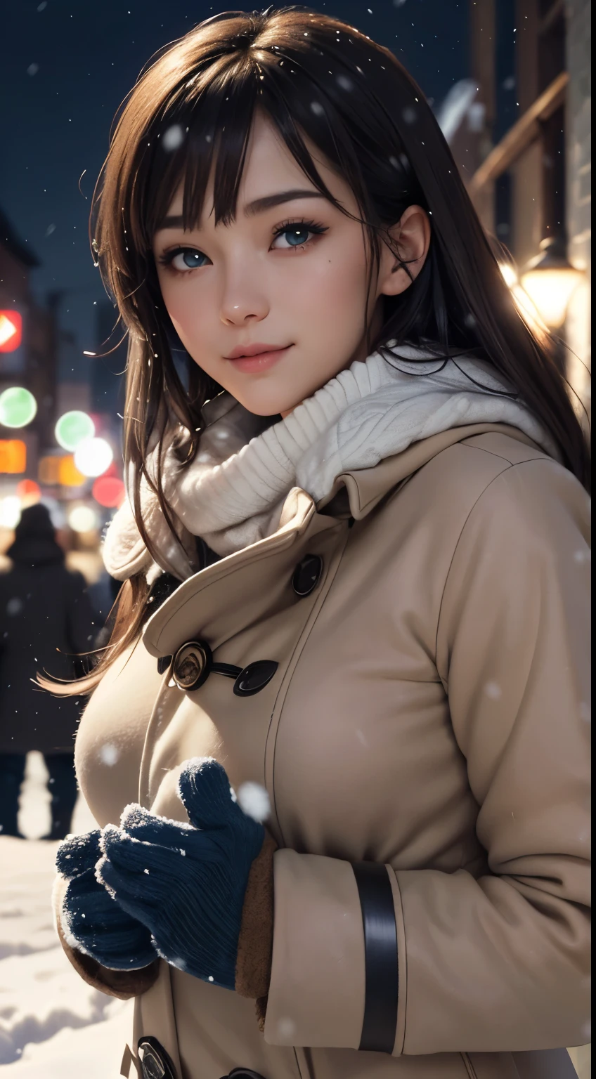 ((masterpiece, highest quality, High resolution, UHD, perfect pixel, Depth of the bounds written, 4k, RTX, HDR)), 1 girl, single, alone, 24-years-old, beautiful anime girl, beautiful art style, anime character, ((long hair, parted bangs, brown hair)), (green eyes:1.4, round eyes, beautiful eyelashes, realistic eyes), (detailed face, blush:1.2), (smooth texture:0.75, realistic texture:0.65, realistic:1.2, cinematic, Anime CG style), medium breasts, perfect body, Big breasts, (dynamic angle, throw, close), ((winter clothes, long coat, mittens, gloves, Long underwear)), night, night lamp, city lights, Bokeh:1.4, (outdoor, city buildings, crowd), ((winter, snow, snow crystal, winter pine trees)), sly smile, open your mouth