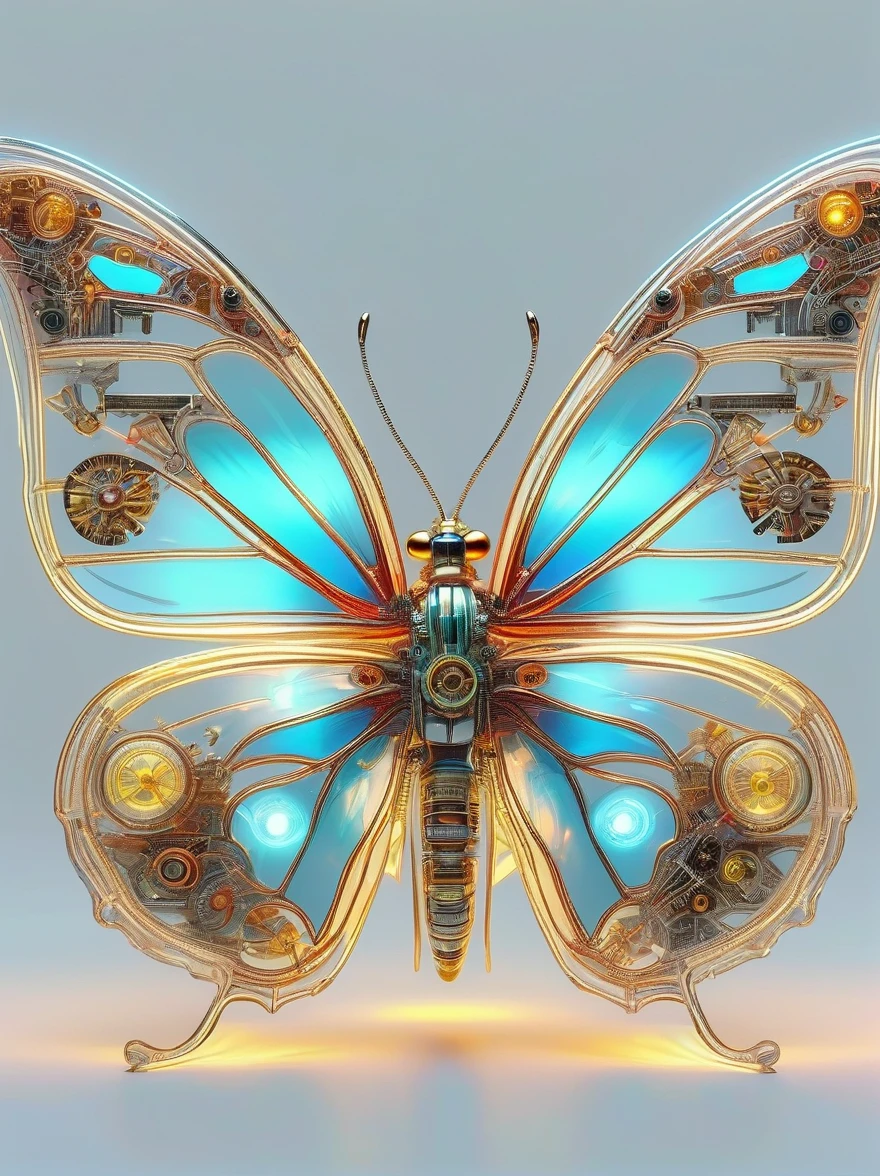 symmetry，whole body, solid light grey background, The combination of biology and machinery, Transparent mechanical butterfly, The internal structure is complex and precise, glowing neon lights,(high detail, masterpiece, best quality, ultra high definition, Sharpen details)