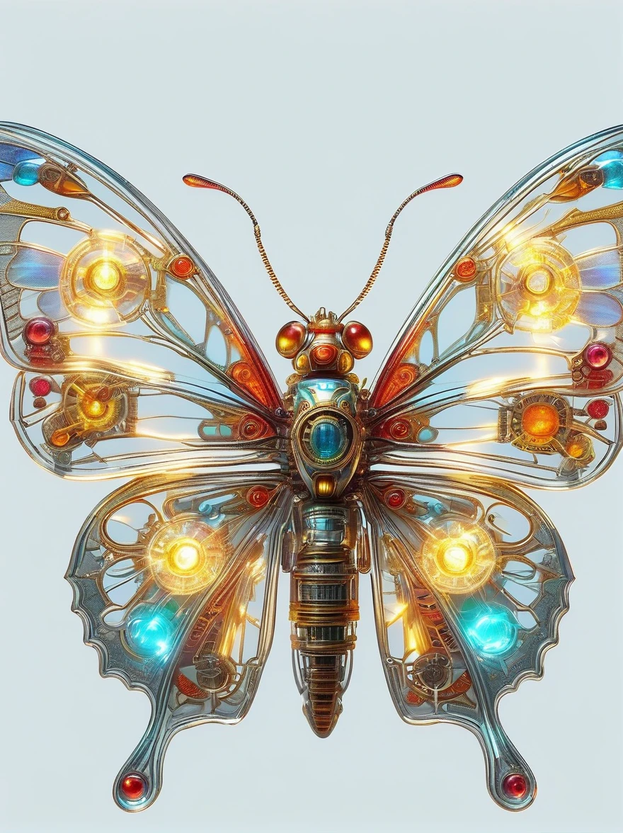 symmetry，whole body, solid light grey background, The combination of biology and machinery, Transparent mechanical butterfly, The internal structure is complex and precise, glowing neon lights,(high detail, masterpiece, best quality, ultra high definition, Sharpen details)