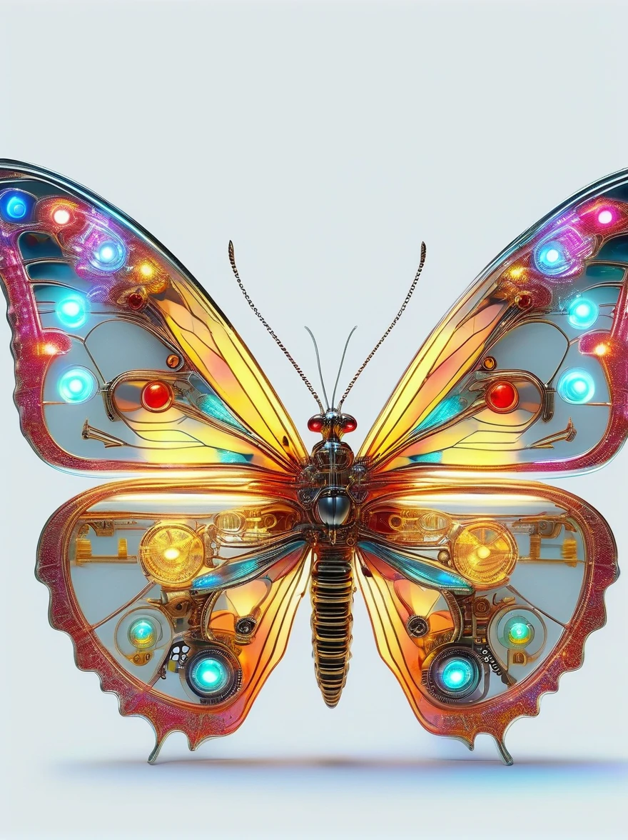 symmetry，whole body, solid light grey background, The combination of biology and machinery, Transparent mechanical butterfly, The internal structure is complex and precise, glowing neon lights,(high detail, masterpiece, best quality, ultra high definition, Sharpen details)