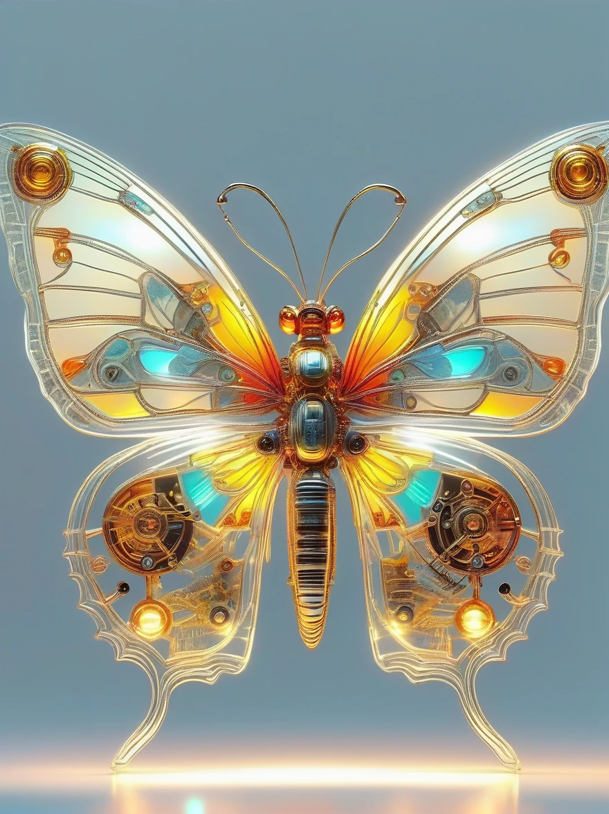 symmetry，whole body, solid light grey background, The combination of biology and machinery, Transparent mechanical butterfly, The internal structure is complex and precise, glowing neon lights,(high detail, masterpiece, best quality, ultra high definition, Sharpen details)