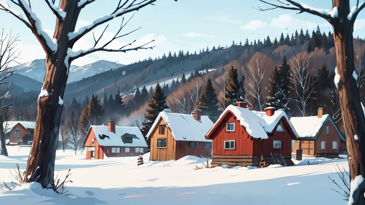 winter, village, the forest, Wooden houses, фентези village, no people, по зади the forest, фентези village, winter forest