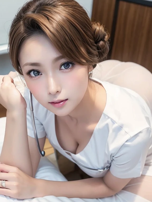 (table top:1.4, Photoreal:1.4, 8K), highest quality, masterpiece, ultra high resolution, perfect dynamic composition, big face、round face、((light brown hair:1.4、half updo:1.4))、Highly detailed skin and facial textures:1.3, Detail of limbs, Cute sexy 30 year old Japanese nurse, (tanned skin:1.2), ((completely enchants you:0.9)), hospital examination room, Stethoscope, ((White nurse costome:1.4, white pantyhose:1.1)),(cleavage, Medium chest), (look away、beautiful eyes, black eye, Eyes that feel beautiful eros:0.85), sexy face:0.4, (closed mouth、small mouth、thick lips、A taste of beautiful eroticism:0.85), ((Too cute beauty:0.9))、natural makeup, taken from above,  look above