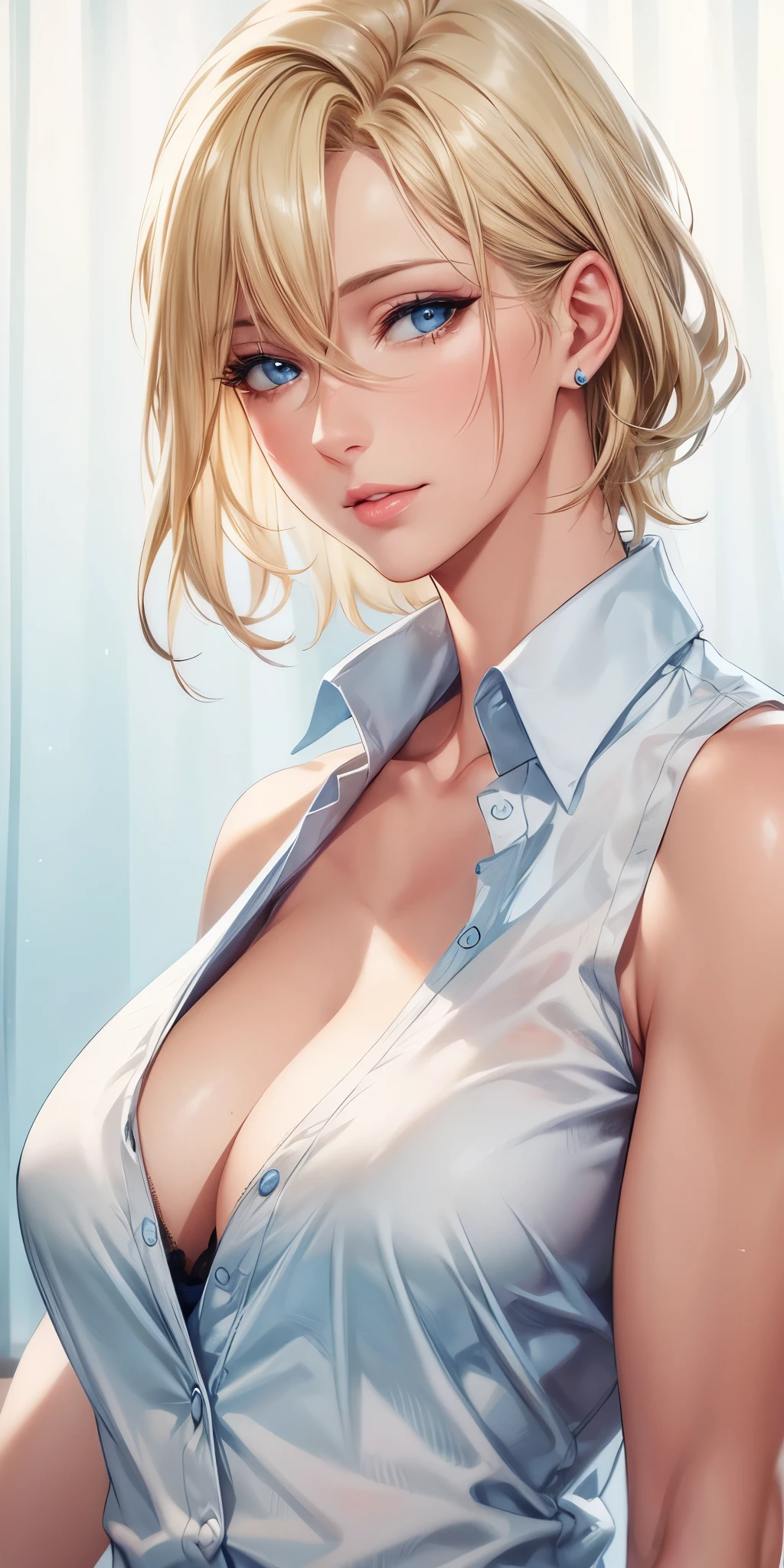 portrait, realistic, elegant mature woman, blue eyes, blonde hair, 4k resolution, ultra detailed cg, beautiful cg, soft light