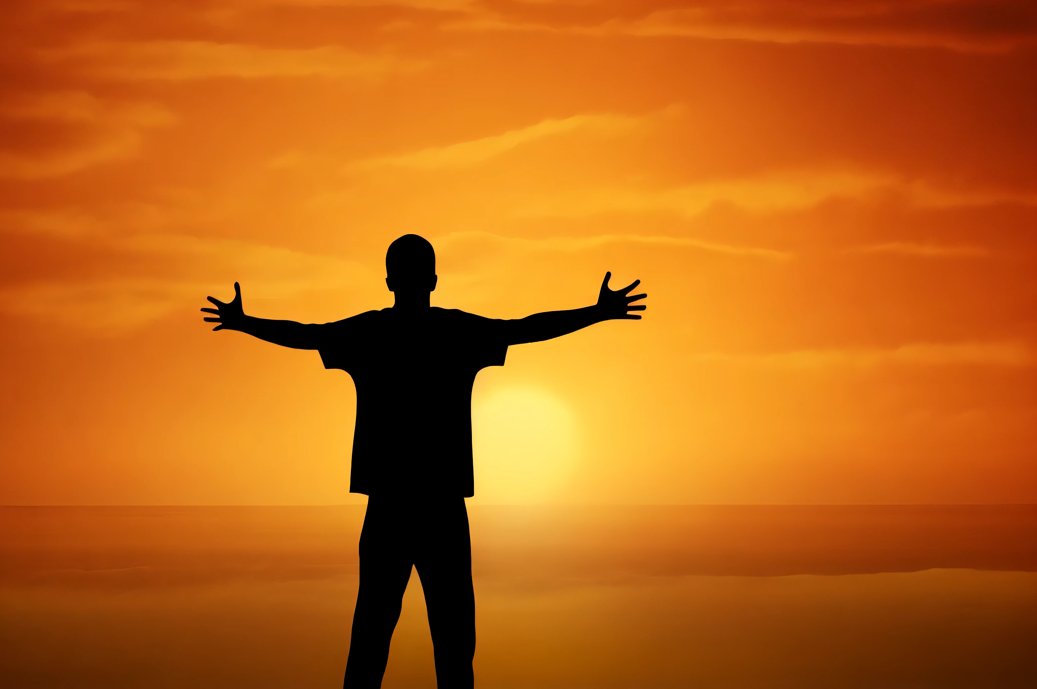 silhouette of a man standing on a beach with his arms outstretched, stands in center with open arms, praising the sun, silhouette of a man, silhouette of man, arms outstretched, his arms spread. ready to fly, calm feeling, standing triumphant and proud, silhouette over sunset, arms stretched wide, high quality image”, man standing, in front of an orange background