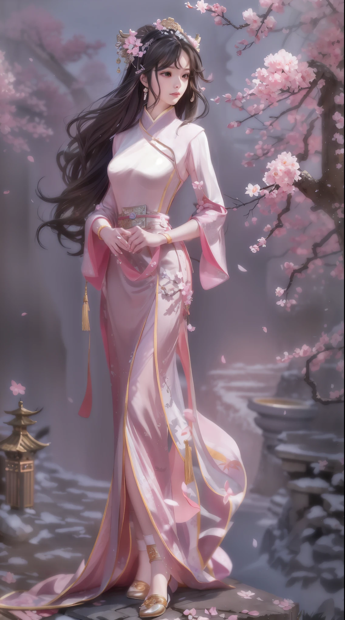 A girl wearing a pink antique long cheongsam,Exquisite upper body clothes,Turn head 45 degrees to the left,look directly,The face is very delicate,Body slightly to the right,The left foot is in front,The right foot is behind,Hands together,black curly hair,Style reference: Jian Wang 3,ethnic style, Antique and classical style, Beautiful mage, The background is a split-level loft,Cherry blossoms bloom next to it,Underfoot is a stone floor,Behind are stone steps,Design and clothing sources: King of Glory Zhen Ji's Garden Dream,Source of inspiration Song Maojin,elegant numbers, Beautiful full body concept art, Beautiful digital artwork, Flowing cherry blossom colored silk, Chen Lin, Rob Ray and Kentaro Miura style, inspired by Fenghua Zhong, by Qu Leilei, author:Lengmei, author:Li Song