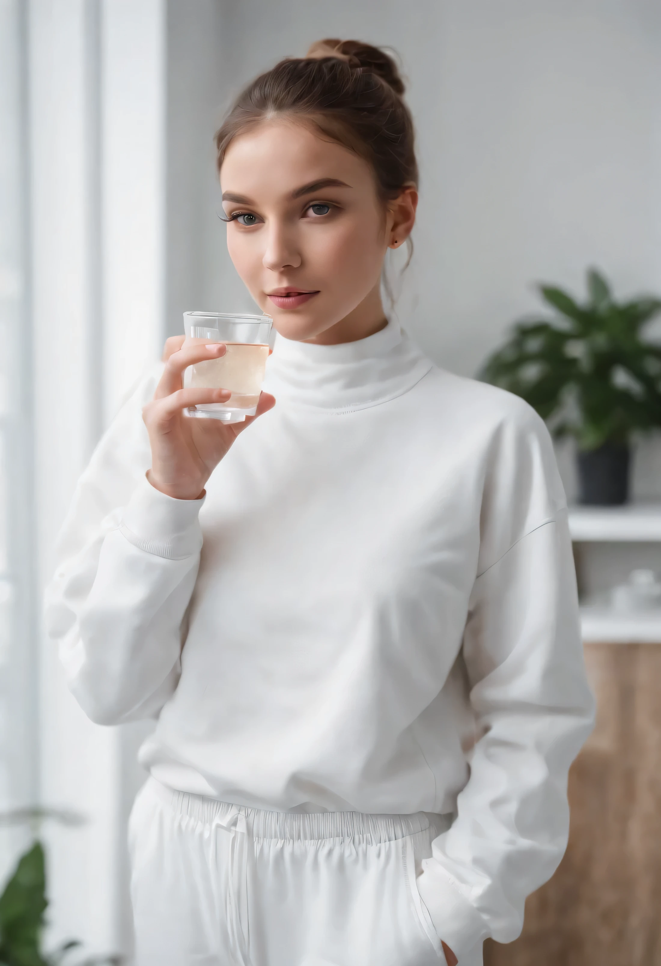 model leaning on table,sportswear,Holding a water glass in hand,Modern minimalist kitchen,white,bright scene,Texture,real texture