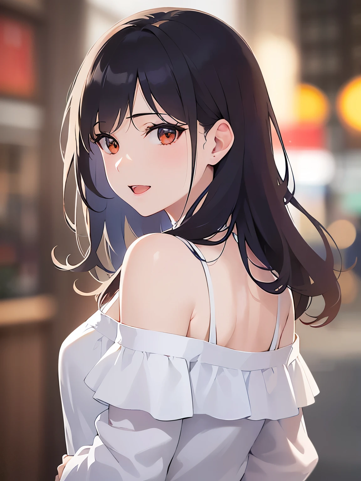 (looking away:1.5), Upper Body, Realistic, real person, (pale skin: 1.2), RAW photo, photorealistic, portrait photography, shiny skin, japanese idol、shiny hair、(25 year old woman with medium hair with bangs) and (wavy hair) and (brown hair) and (orange eyes) , (white) and (off shoulder blouse)、is a shopping street at night、grin、 (embarrassed:1.3),
