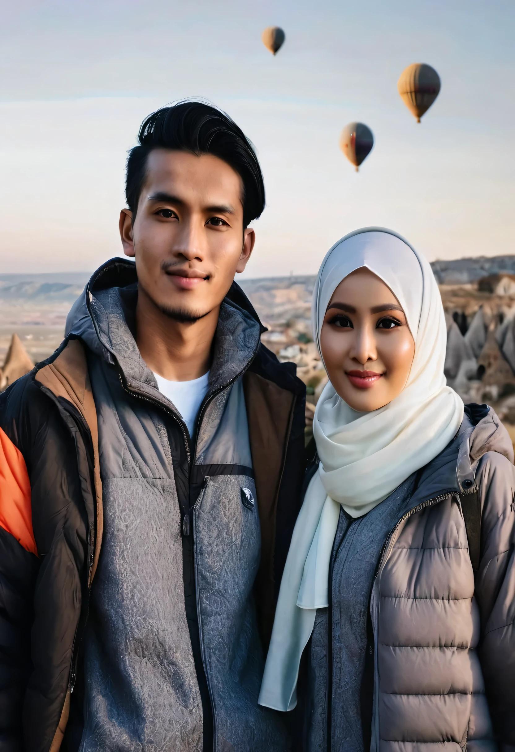 buatkan gambar
8K, RAW Photos, Photography, Photorealistic, Realistic, Highest Quality, Intricate Details, Medium shot of a 25 year old javanese man, fit body, ideal body, oval face, white skin, nature skin, medium hair, wearing a winter jacket, side by side with a 25 year old javanese woman with white hijab, gray winter jacket, they smile facing the camera, eye to camera, eye level angle with Cappadocia ballons view in the background.