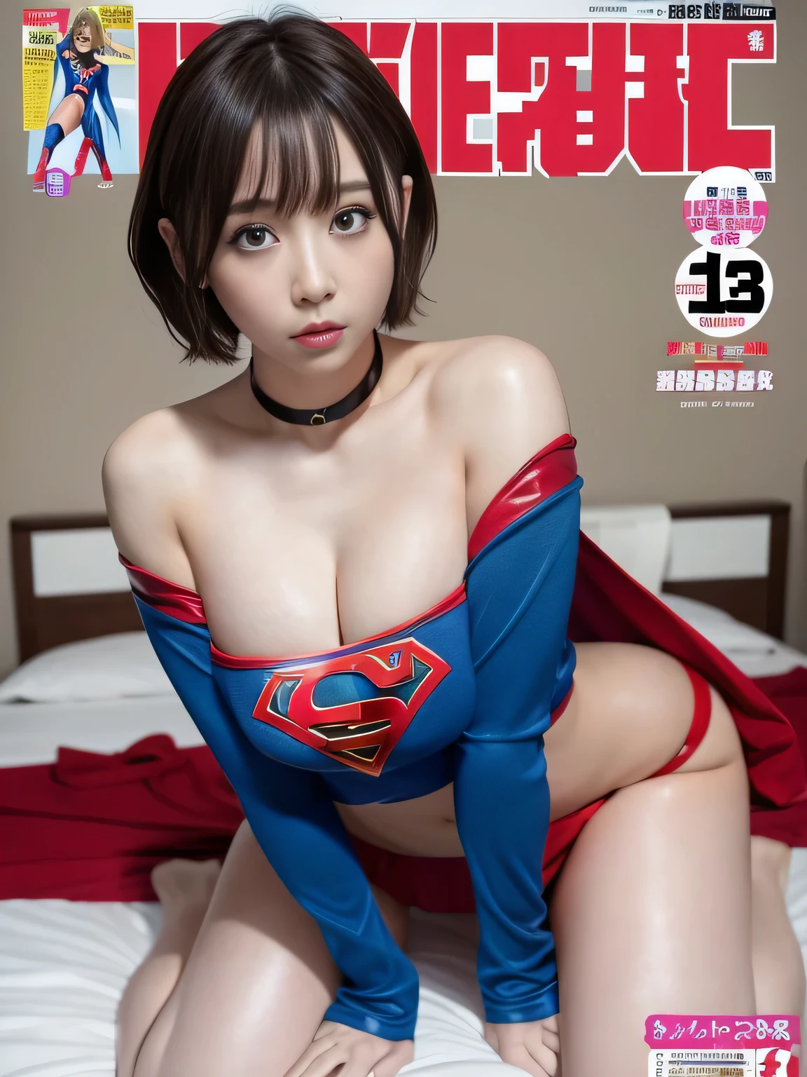 masterpiece、supergirl costume、short hair、barefoot、big and full breasts、Guest room、cum on the bed、sexy pose、athlete、shiny、looking at camera、Seduce、choker、long sleeve、red mini skirt、Weekly magazine cover、Sculpture Magazines、sweaty、radical、