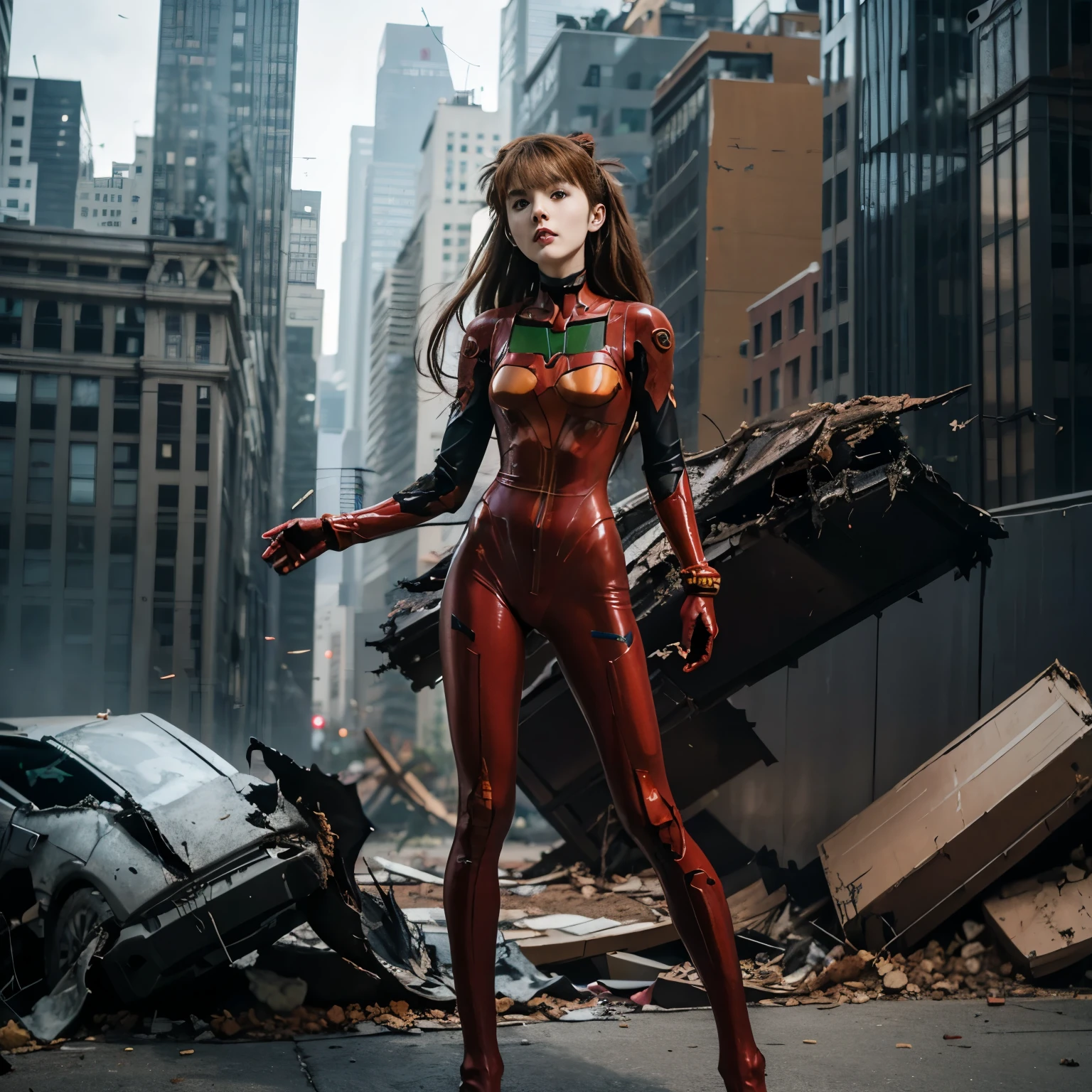 (best quality,4k,8k,highres,masterpiece:1.2),ultra-detailed,red-faced(:1.1),long dark brown curly hair with hair accessories,showing off her perfectly styled bun,masterpiece:1.2), plug suit 02, Asuka Langley Sohryu, Evangelion, slender -yeld gi:1.1) wearing a full-body suit, (completely destroyed metropolis:1.75) in the background, please look at the camera