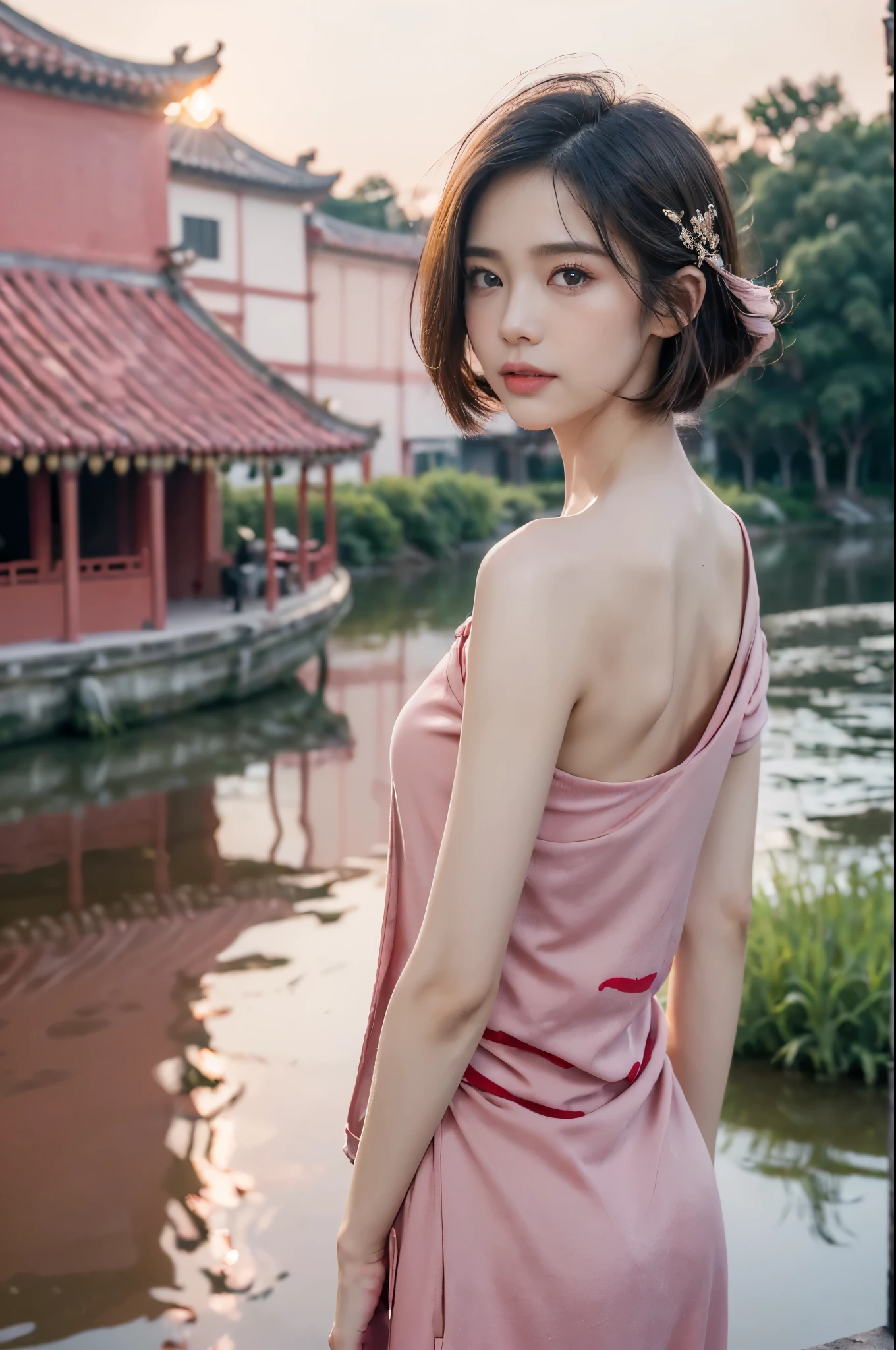 ((((8k))),((Extremely meticulous CG)) ,(wallpaper),16k,((Extremely refined and beautiful)),(((Masterpiece))),(((best qualtiy))),(((Ultra High Resolution))),beautiful light up,Perfect lightning,realistic shaded,((high resolution)),(Smooth and flawless skin:1.5),(Extremely exquisite facial details:1.2),(perfect body:1.2),(ultra-detailed),((A beautiful girl,solo)),(small head:1.2),(pale skin:1.3),(shoulder-length straight bob hair:1.2),(small face:1.2),(baby face:1.3),(Exquisite makeup:1.2),(blush:1.3),(small breasts:1.2),(flat chests:1.2),((slim,thin)),(laughing:1.2),(happy:1.2),(pink|red clothes:1.5),(outdoor:1.2),(early spring:1.3),(detailed background:1.5),(standing:1.3),(upper body:1.3),(from back:1.2),longing face,dusk,water town,waving hand,thin mist,The shore of willows,light smoke,warm afternoon,houses with white walls and black tiles,Chinese ancient village,heavy separation,tears,green mountains,sunset,worries,boat with a dark awning,river,