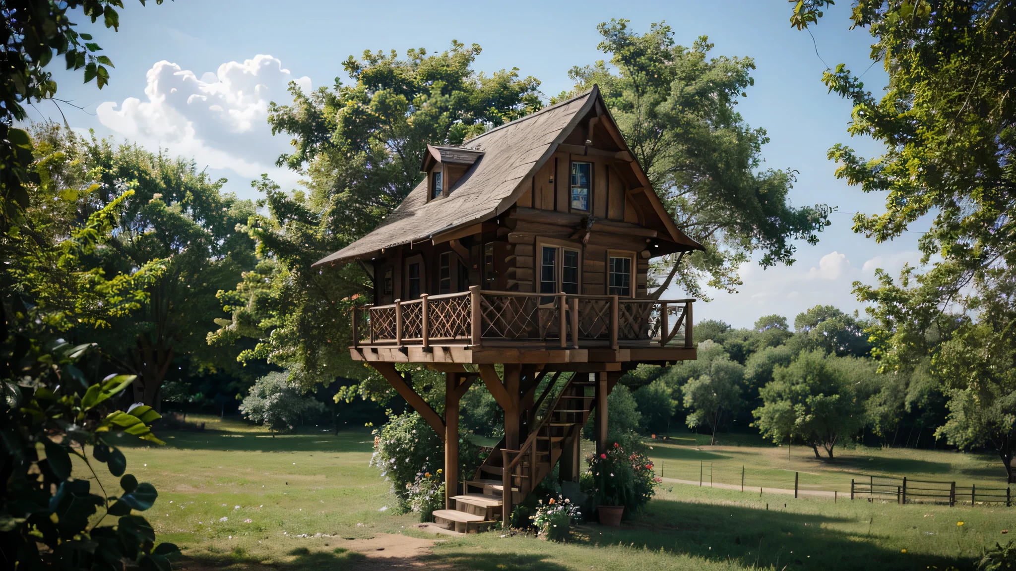 cabane dans les arbres avec des fleurs
