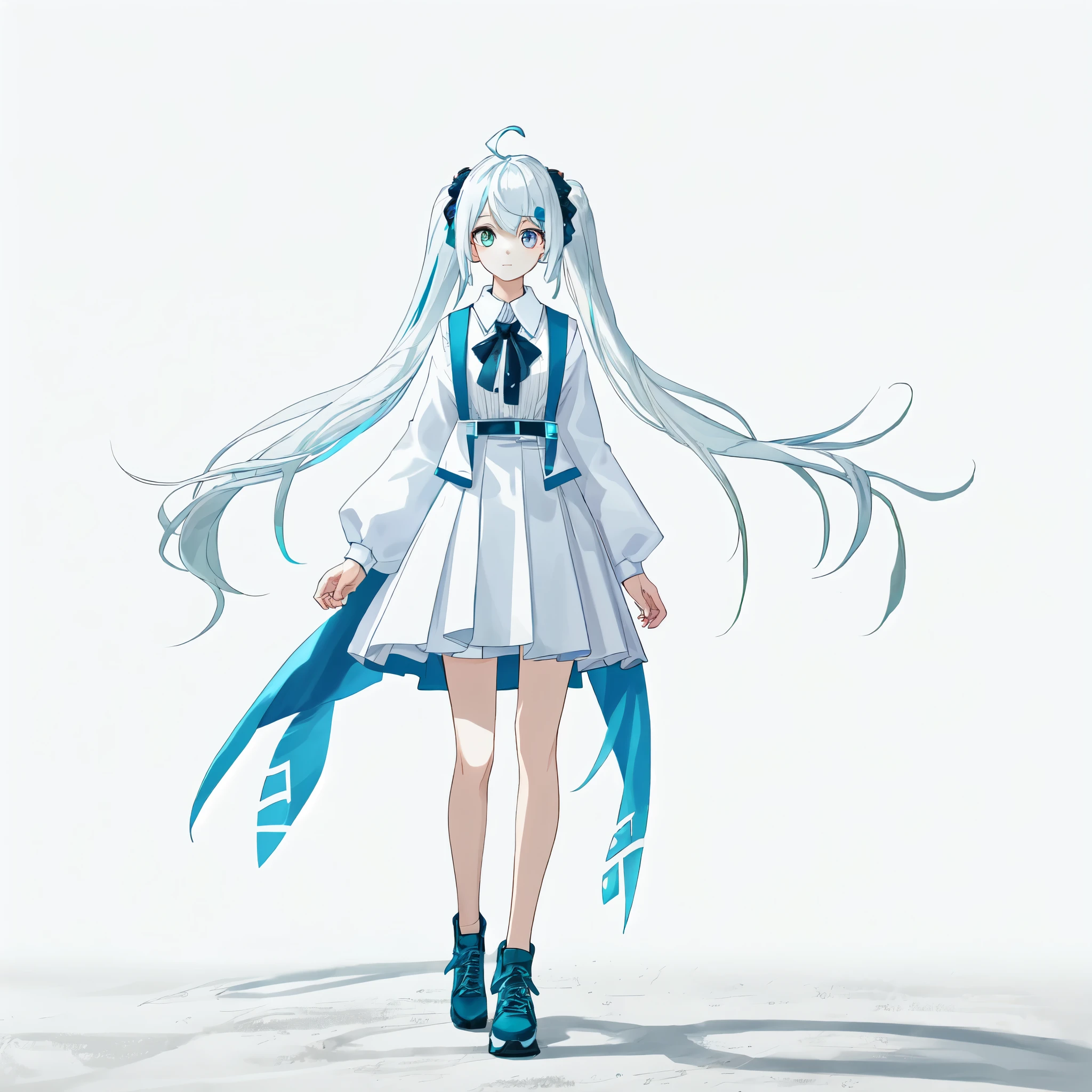 (highest quality, masterpiece), 1 girl, (female focus), Ahoge, white blue hair, ((white shirt), (overfit schlit)), long hair, Are standing, twin tails, [[[Mild heterochromia]]], Digital Background