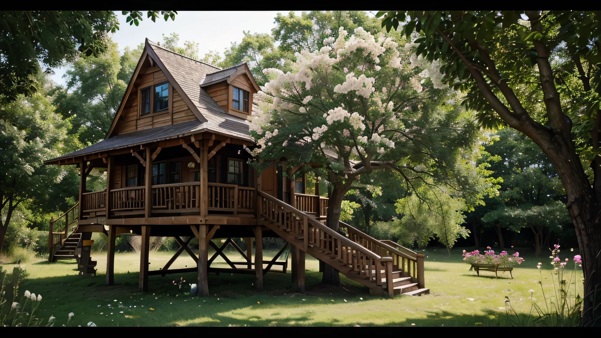 cabane dans les arbres avec des fleurs