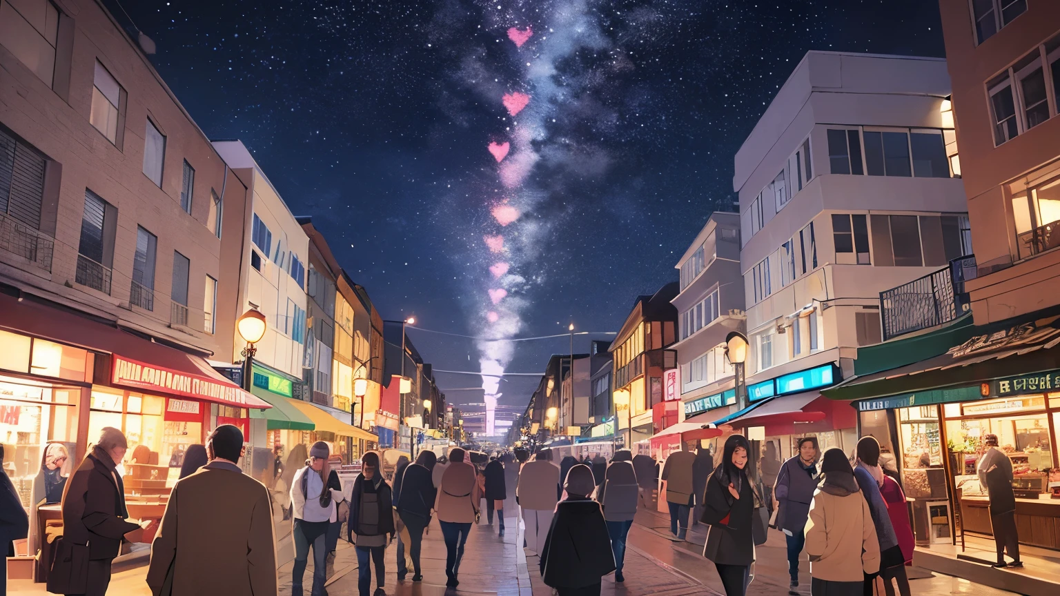 shopping street at night、street light、A lot of people are walking、bright