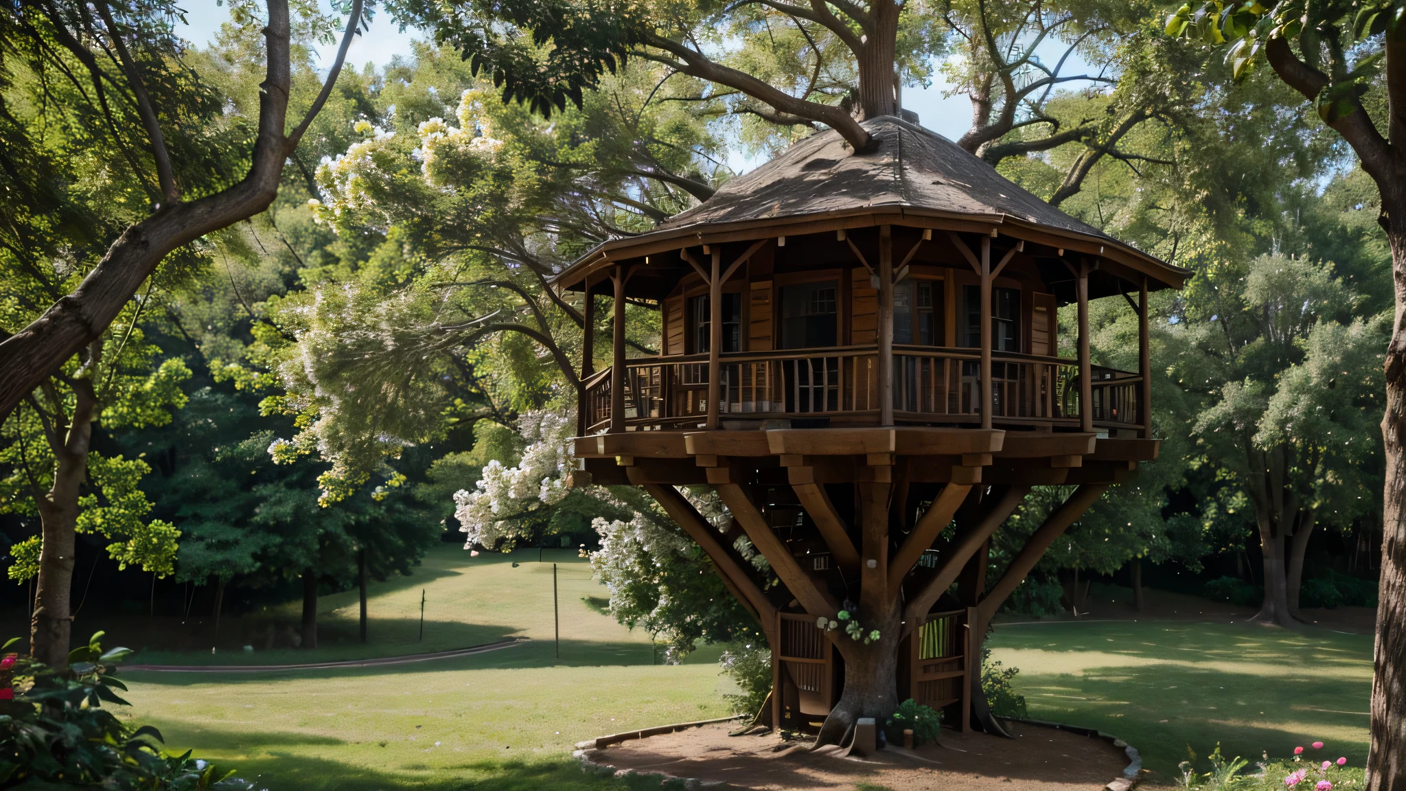 cabane dans les arbres avec des fleurs