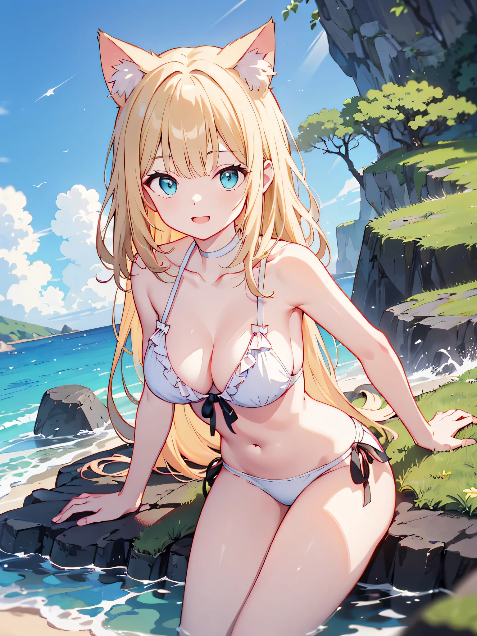 High resolution、(Cat ear)
one beautiful young woman、
(Soft saturation:1.3)、(pale skin:1.2)、
(very detailed background、detailed background)、Bokeh、
break,Portrait of a smiling girl, blonde,。Seen from the front、symmetrical configuration。
White swimsuit staring with serious eyes、white bikini、big breasts、
outside the house、sea surface、sky sky、Light of the sun、summer beach、sandy beach、
Strong light always on、
( by becoming:1.3)、(cowboy shot:1.2)、Break angle from the front、
looking at the viewer、
dynamic pose、
浜辺のseaweedの上に座って、seaweed、seaweed、seaweed、seaweed、seaweed、seaweed、
In 8K、highest quality、masterpiece、Super detailed、超High resolution、anime style、1 female、girl&#39; room、Brightly printed ruffle shorts Brightly printed frill bra、calm room、Lens flare、(Cat ear)、Bob cut blonde hair、big breasts、Turn around in embarrassment、fuck from behind、I can see your butt、
