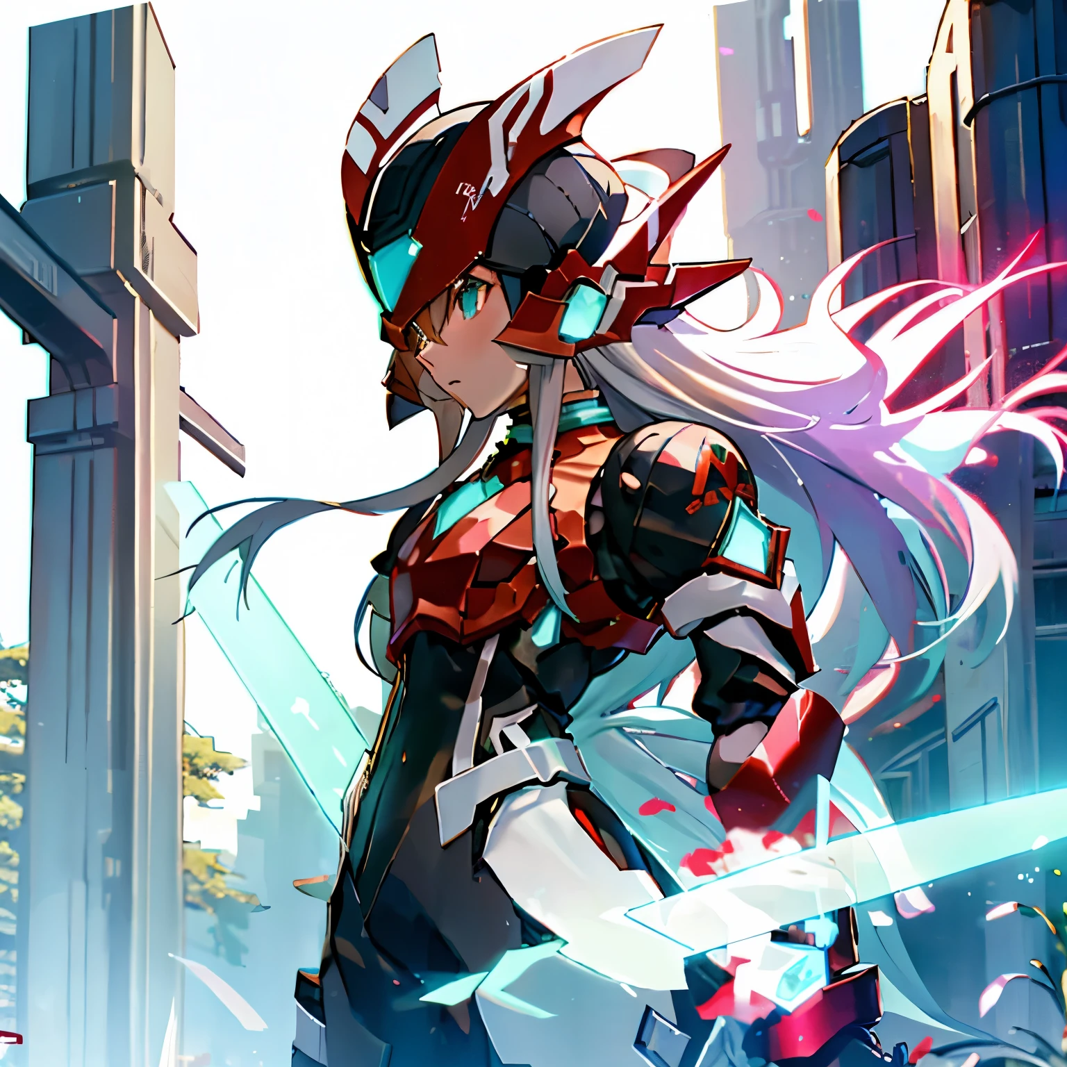 megzeromyth2023, 1boy, long white hair, red armor, green energy sword, high quality, masterpiece, standing on a hill with mountains around him, in the style of anime art, imposing monumentality, translucent immersion, grandeur of scale, i can't believe how beautiful this is, light black and azure, grandiose ruins