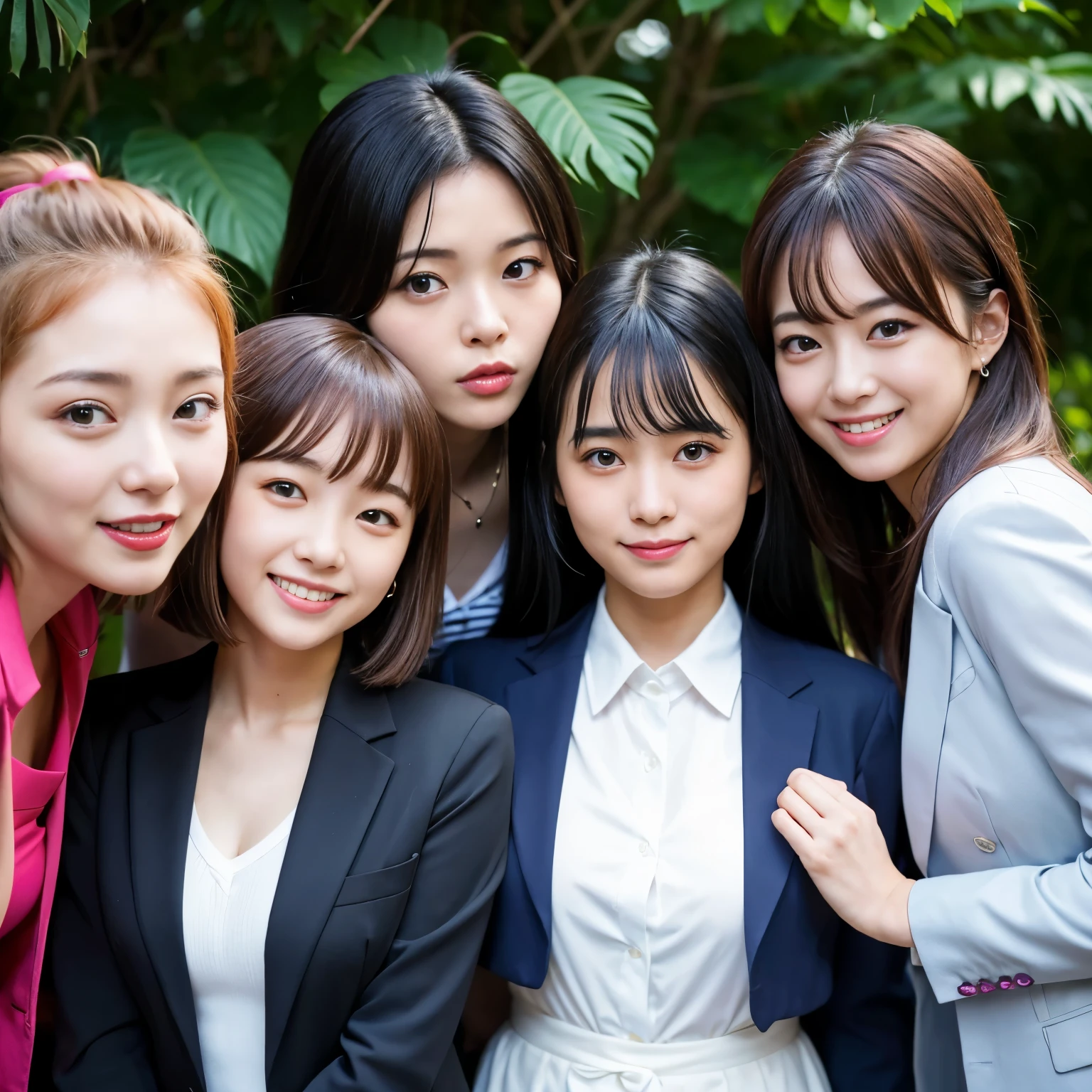 Best-quality, Masterpiece, Ultra-High-Resolution, (Photorealistic:1.4), Raw-Photo, Extremely-Details, Perfect-Anatomies, 3-girls, all 18-years-old and Japanese high-school students, the most popular Japanese idol, the most popular Japanese actress, the most popular Japanese model, (all having a lot of fun at business-meeting), all different faces, all extremely cute face like the most popular Japanese idolsxenon, all extremely beautiful big-eyes, all extremely beautiful and each different colored hair, all extremely beautiful skins, (((all wearing business-suit))), all innocent-smile