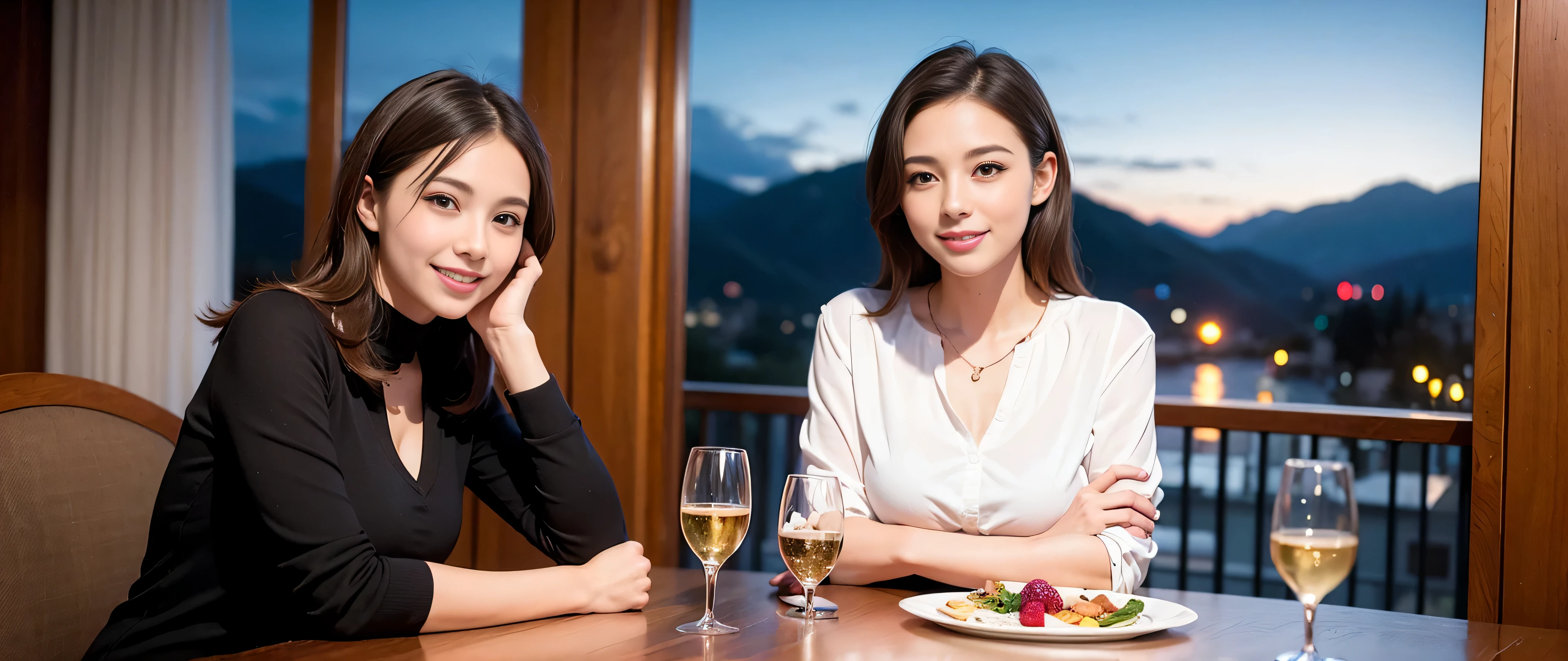 K, Hmm, highest quality, masterpiece: 1.2), (realistic, photorealistic: 1.37), Spectacular view of the sunset sky and clouds、Amazing mountain views、3 slim beauties, (slim face),Happy、 the best smile、Fox face、Berry Short、(because I&#39;thin), (brown hair), (shortcut), long sleeve shirt、winter fashion、Colombian、Brazilian、Japanese、Dutch、German、Portuguese、Belgian、Italian、French,Champagne、sparkling wine、 (Squirting), (slim body), (brown hair), (shortcut), neat beauty、cheeks turn a little red, (35 years old), 38 years old, alone, A beautiful and detailed night view spreads out outside the window......, restaurant, wine glass is sitting, At night, in a prominent place (from the Upper body) nova frog style, actress, model, Upper body, White wine, slim, wine glass, Very beautiful night view, wine glass Put in the Middle, Happy smile, (smile: 1.15), 