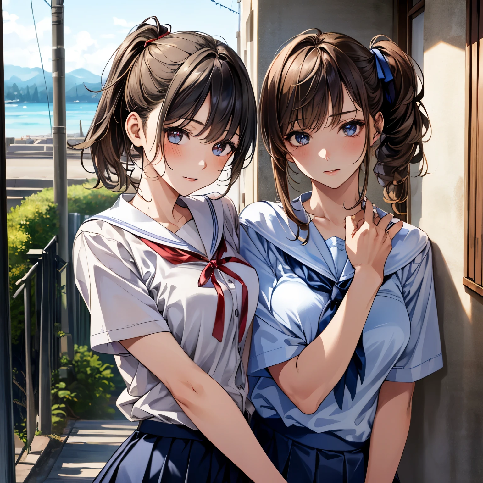(masterpiece:1.2, highest quality), (realistic, photorealistic:1.4), beautiful illustrations, (natural side lighting, movie lighting), NSFW,
looking at the viewer, face focus, Upper body, 1 girl, Japanese, high school girl, perfect face, Cute symmetrical face, shiny skin,
(middle hair:1.7, side ponytail:1.2, light brown hair), flowing bangs, blue eyes, droopy eyes, long eyelash, (medium breasts), thin,
beautiful hair, beautiful face, detailed and beautiful eyes, beautiful clavicle, beautiful body, beautiful breasts, beautiful thighs, beautiful feet, beautiful fingers,
((fine cloth texture, short sleeve white collar shirt, navy blue pleated mini skirt, red neck ribbon)),
(beautiful scenery), winter, evening, (outdoor), , (heart-shaped pupil, in the heat, Excited),