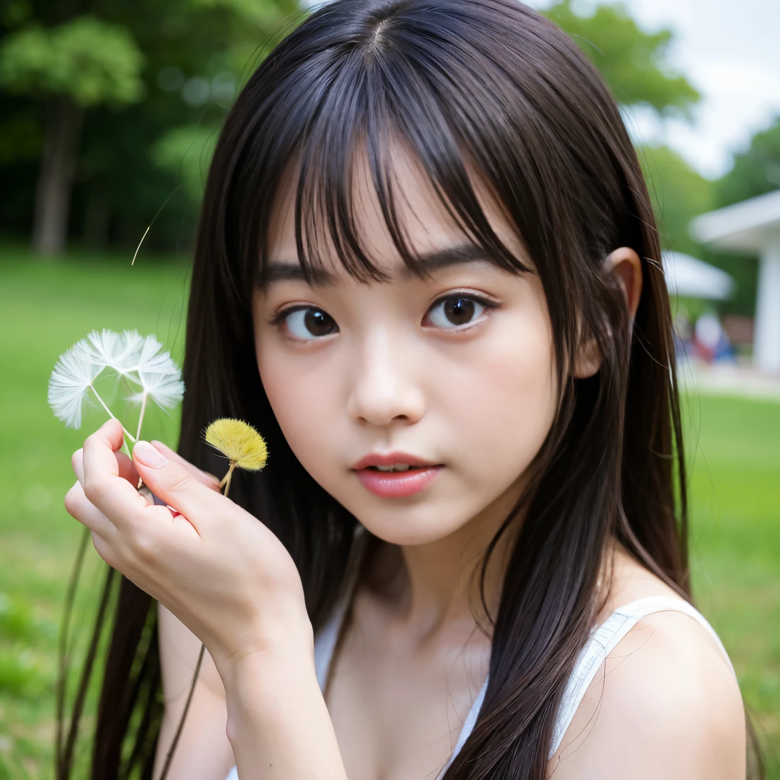 8K,Japanese,19 years old,innocent face,teenage girl,cute,spring clothes,everyday wear,sitting,black hair,flower garden,hair clip,