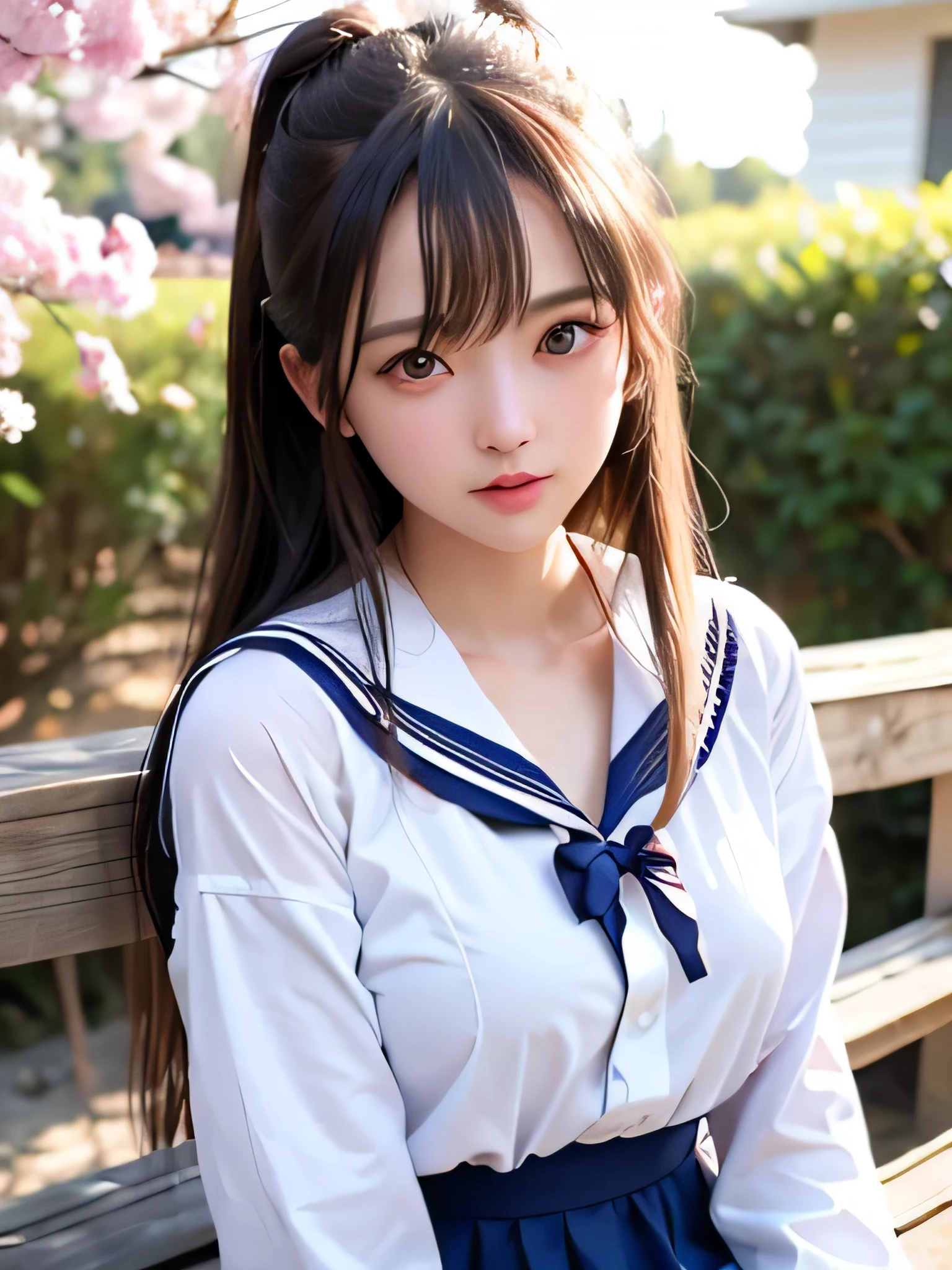 8K,highest quality, table top, Super detailed, 超A high resolution, realistic, Raw photo, absurd, absolute resolution, 1 girl, alone,upper body shot, looking at the viewer,young beautiful japanese woman, super cute face, luxurious appearance, big breasts , long bob hair ,smile,(school uniform:1.3), Glossy lips of lifelong learning, double eyelids in both eyes, natural makeup, long eyelashes, 艶やかで滑らかなライトブラウンのlong bob hair, asymmetrical bangs, shiny skin, center image, High resolution, high detail, detailed hairstyle, detailed face, great movie lighting, octane rendering, lively, 超realistic, perfect limbs, perfect anatomy、very big Q cup breasts、well-shaped chest 、show your chest、silky shiny skin、Sexy and very beautiful lovely cute gorgeous face、gorgeous blonde silky hair、big fancy pale blue eyes、Bangs swaying in front of the face、beautiful and cute 16 year old girl、、sailor suit、big and full breasts、skin as white as snow,ponytail、mini skirt、Glamour、I can see white pants.、wearing white panties、Upper body nude nude、she spreads her legs wide and flaunts.cherry blossom park、posture of sitting on a bench