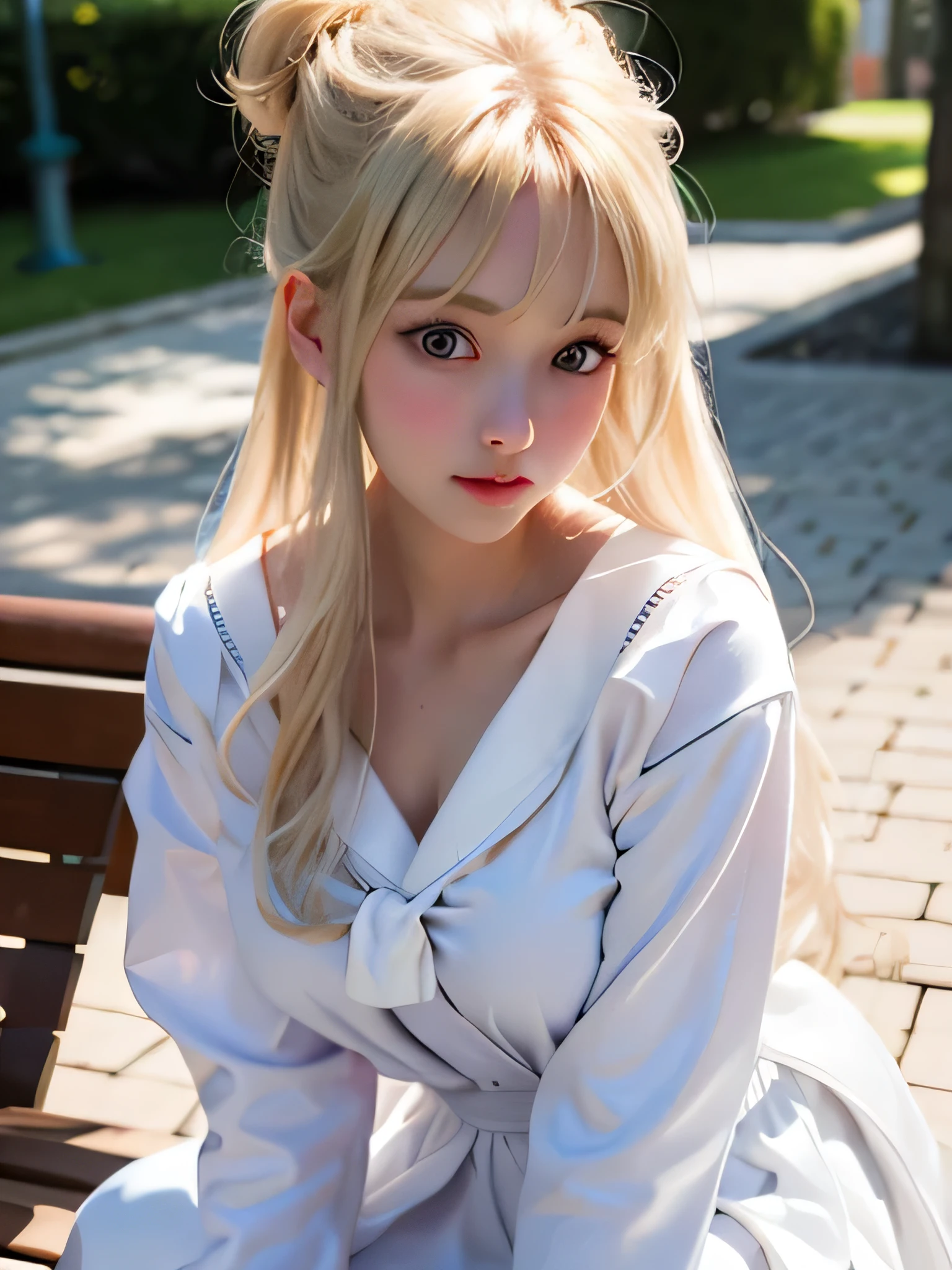 8K,highest quality, table top, Super detailed, 超A high resolution, realistic, Raw photo, absurd, absolute resolution, 1 girl, alone,upper body shot, looking at the viewer,young beautiful japanese woman, super cute face, luxurious appearance, big breasts , long bob hair ,smile,(school uniform:1.3), Glossy lips of lifelong learning, double eyelids in both eyes, natural makeup, long eyelashes, 艶やかで滑らかなライトブラウンのlong bob hair, asymmetrical bangs, shiny skin, center image, High resolution, high detail, detailed hairstyle, detailed face, great movie lighting, octane rendering, lively, 超realistic, perfect limbs, perfect anatomy、very big Q cup breasts、well-shaped chest 、show your chest、silky shiny skin、Sexy and very beautiful lovely cute gorgeous face、gorgeous blonde silky hair、big fancy pale blue eyes、Bangs swaying in front of the face、beautiful and cute 16 year old girl、、sailor suit、big and full breasts、skin as white as snow,ponytail、mini skirt、Glamour、I can see white pants.、wearing white panties、Upper body nude nude、she spreads her legs wide and flaunts.cherry blossom park、posture of sitting on a bench