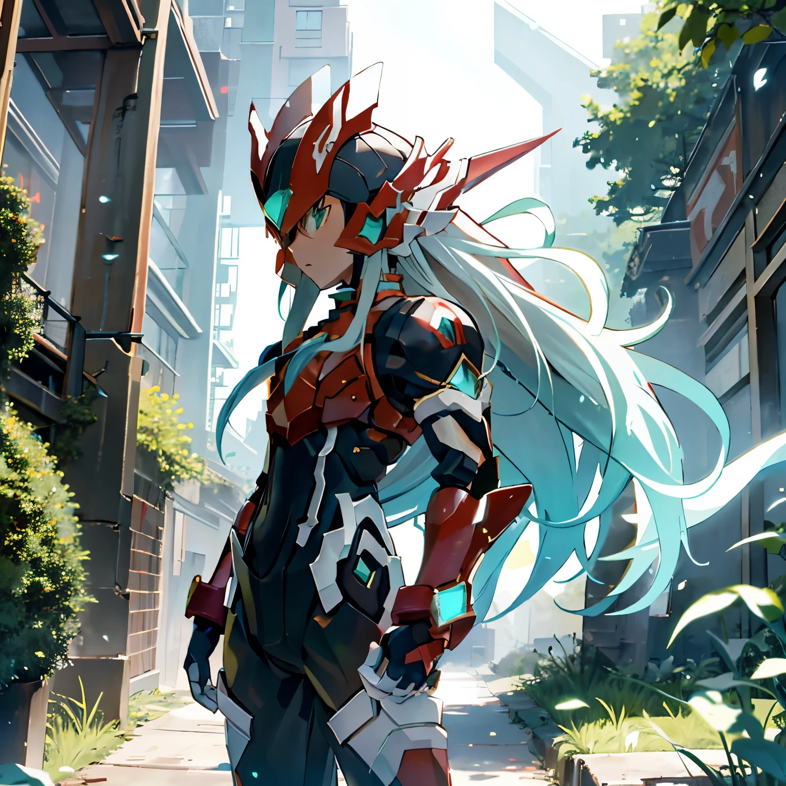 megzeromyth2023, 1boy, long white hair, red armor, green energy sword, high quality, masterpiece, standing on a hill with mountains around him, in the style of anime art, imposing monumentality, translucent immersion, grandeur of scale, i can't believe how beautiful this is, light black and azure, grandiose ruins