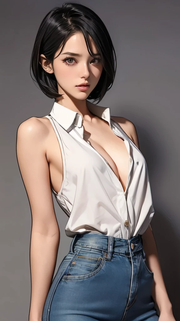 1 girl、A beautiful girl with very short black hair stares at me.、Idol level cuteness、baby face、kind look、slender、Small but well-shaped breasts、anatomically correct、exact limbs、precise fingers、healthy thighs、Her white sleeveless dress shirt is unbuttoned and her cleavage is visible.、The fabric is thin and the nipples are chubby.、Low-rise denim pants、Western Shot、masterpiece、