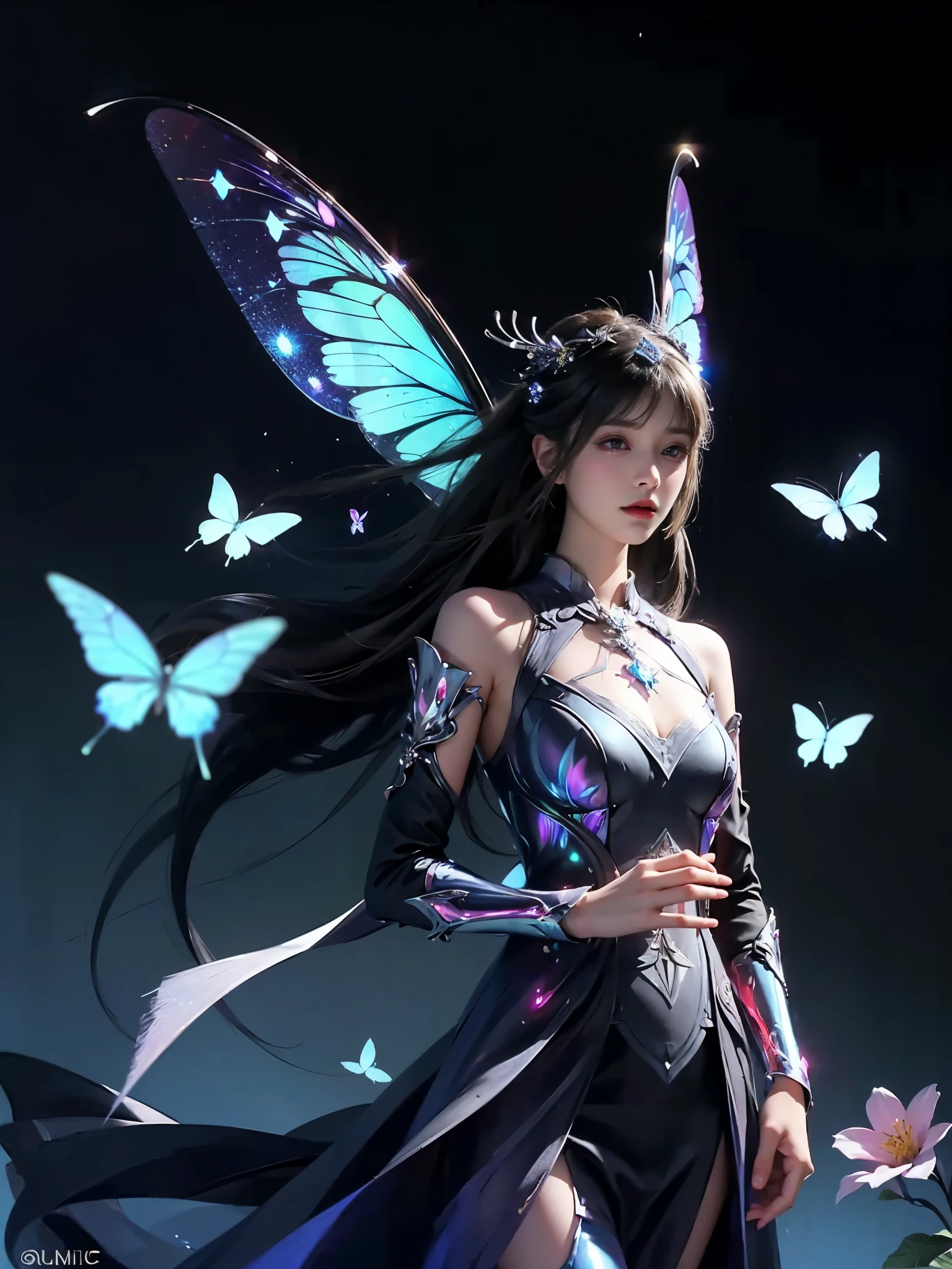 Ridiculous , high resolution, Super detailed, (1 girl:1.3), rest, fantasy dress, headgear, rest, light role, dark man, control, Fractal, whole body, 天flower板, artistic background, blue bioluminescence, Geometric, organic, bless, favor, sublime, sublimation, noble, Expand, Untie, anti-gravity, antimatter, guardian angel, holy, 神holy, , dignified, red bioluminescence, flower, Holographic wings, on the magic circle, Photon, Butterfly, scales, galaxy, Piccolo,