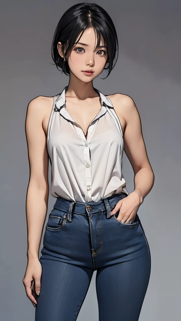 (masterpiece, best quality) <lora:epi_noiseoffset2:1> <lora:add_detail:0.7> <lora:ZoeRE7:0.7>
ZoeRE7, 1girl, solo, looking at viewer, short hair, black hair, standing, collarbone, full body, belt, pants, tank top, denim, camisole, jeans, realistic cute, elegant, oil painting