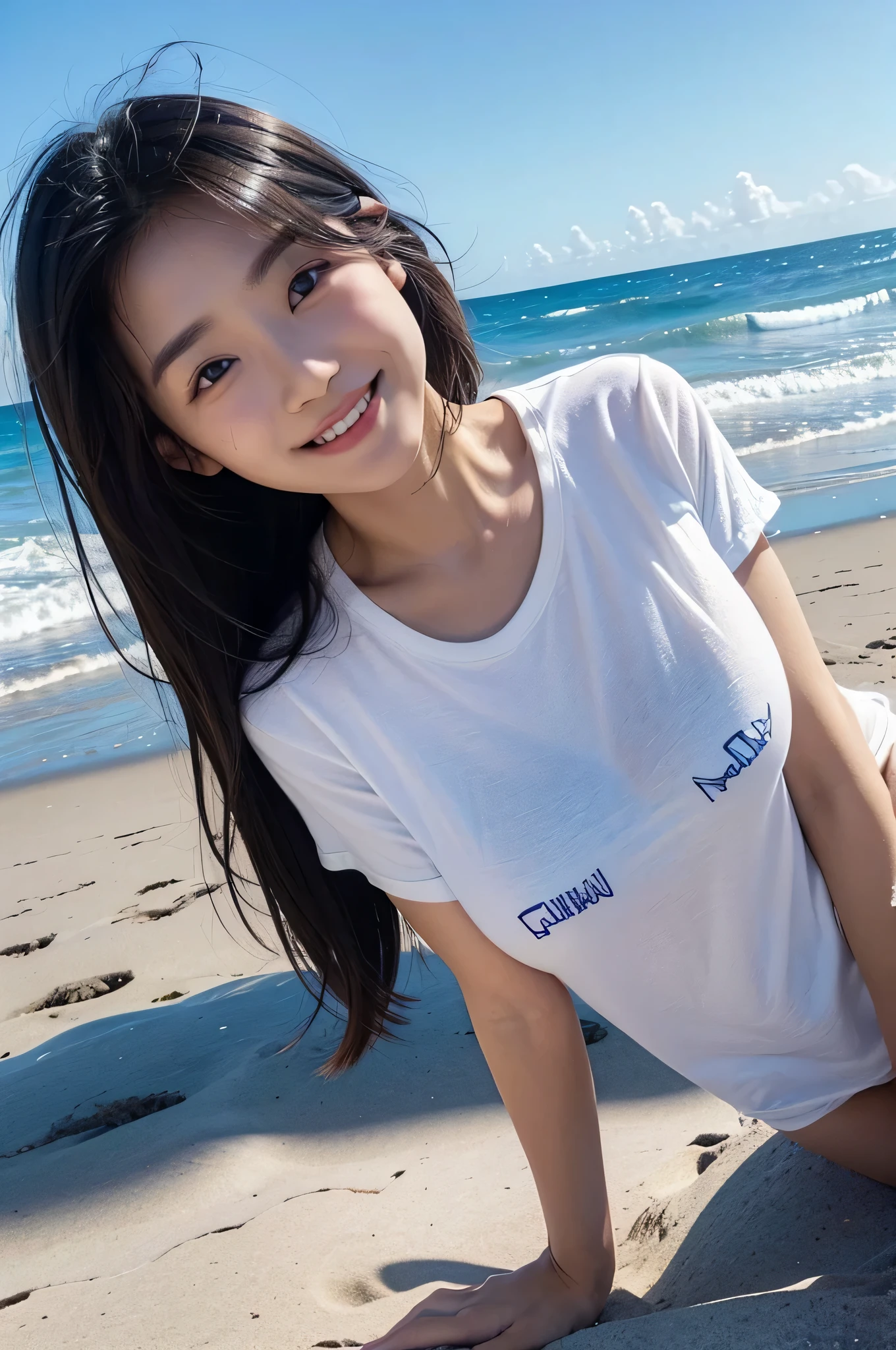 age19、kawaii、Arm forward pose、Light blue T-shirt、short pants、semi long hair、Bright sandy beach。