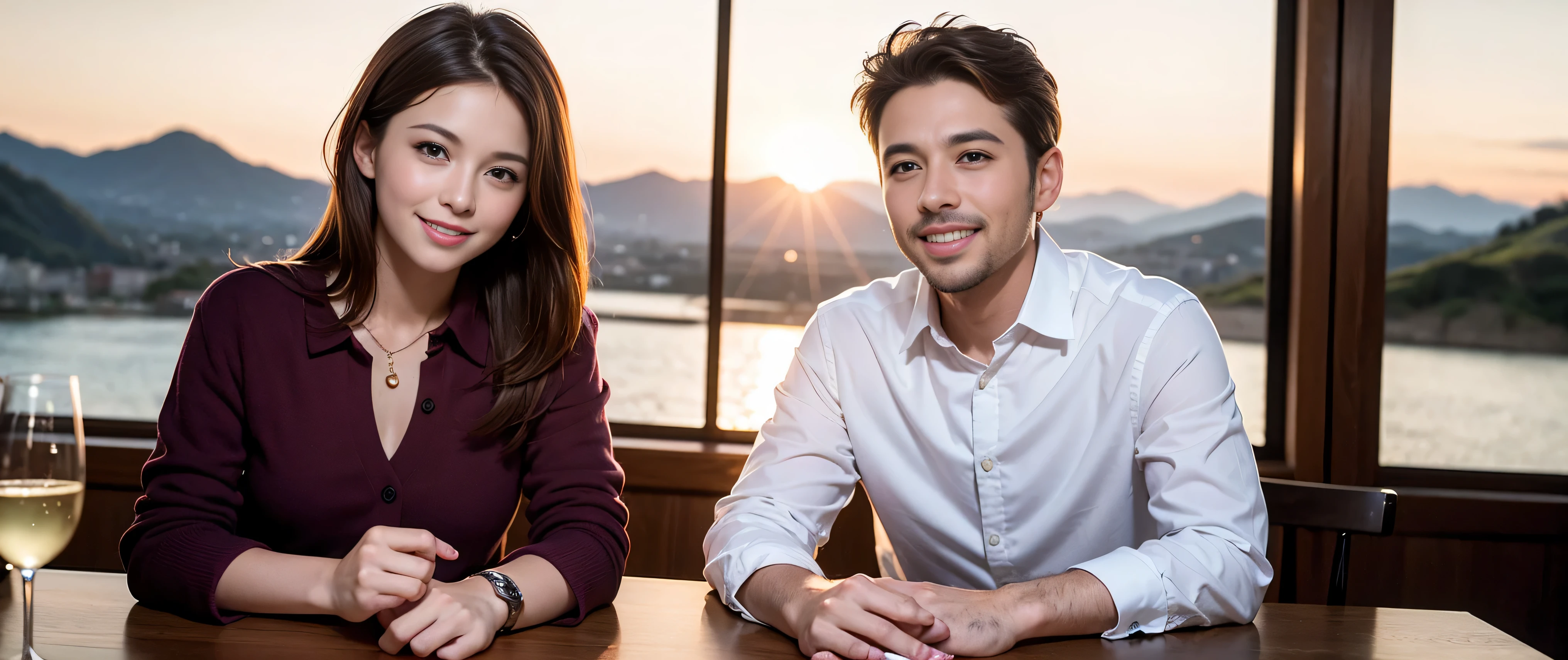 K, Hmm, highest quality, masterpiece: 1.2), (realistic, photorealistic: 1.37), Spectacular view of the sunset sky and clouds、Amazing mountain views、明るいsmile、3 slim beauties, (slim face),Happy、 the best smile、Fox face、Berry Short、(because I'thin), (brown hair), (shortcut), long sleeve shirt、winter fashion、Colombian、Brazilian、Japanese、Dutch、German、Portuguese、Belgian、Italian、French,Champagne、sparkling wine、 (Squirting), (slim body), (brown hair), (shortcut), neat beauty、cheeks turn a little red, (35 years old), 38 years old, alone, A beautiful and detailed night view spreads out outside the window......, restaurant, wine glass is sitting, At night, in a prominent place (from the Upper body) nova frog style, actress, model, Upper body, White wine, slim, wine glass, Very beautiful night view, wine glass Put in the Middle, Happy smile, (smile: 1.15),