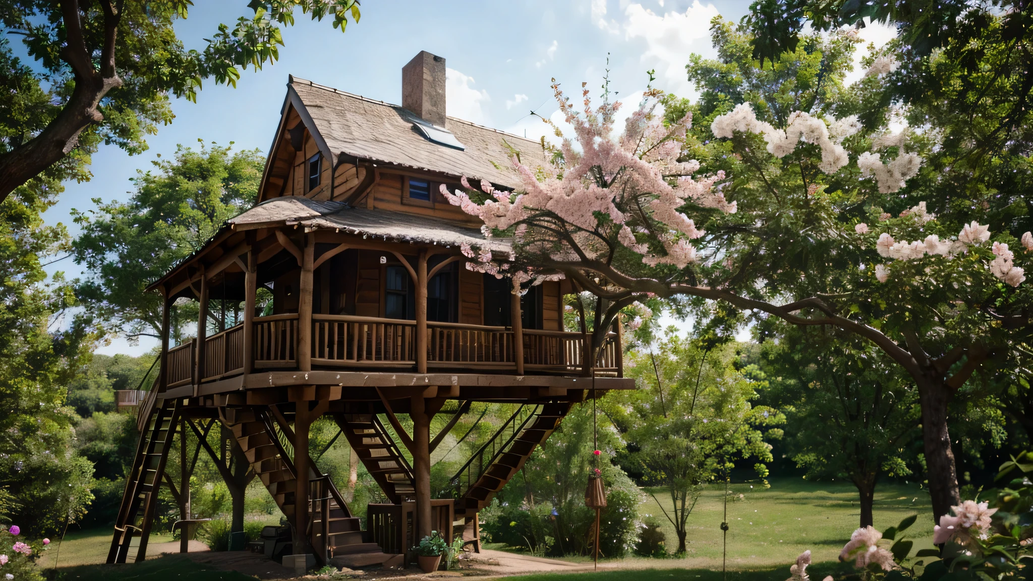 cabane dans les arbres avec des fleurs