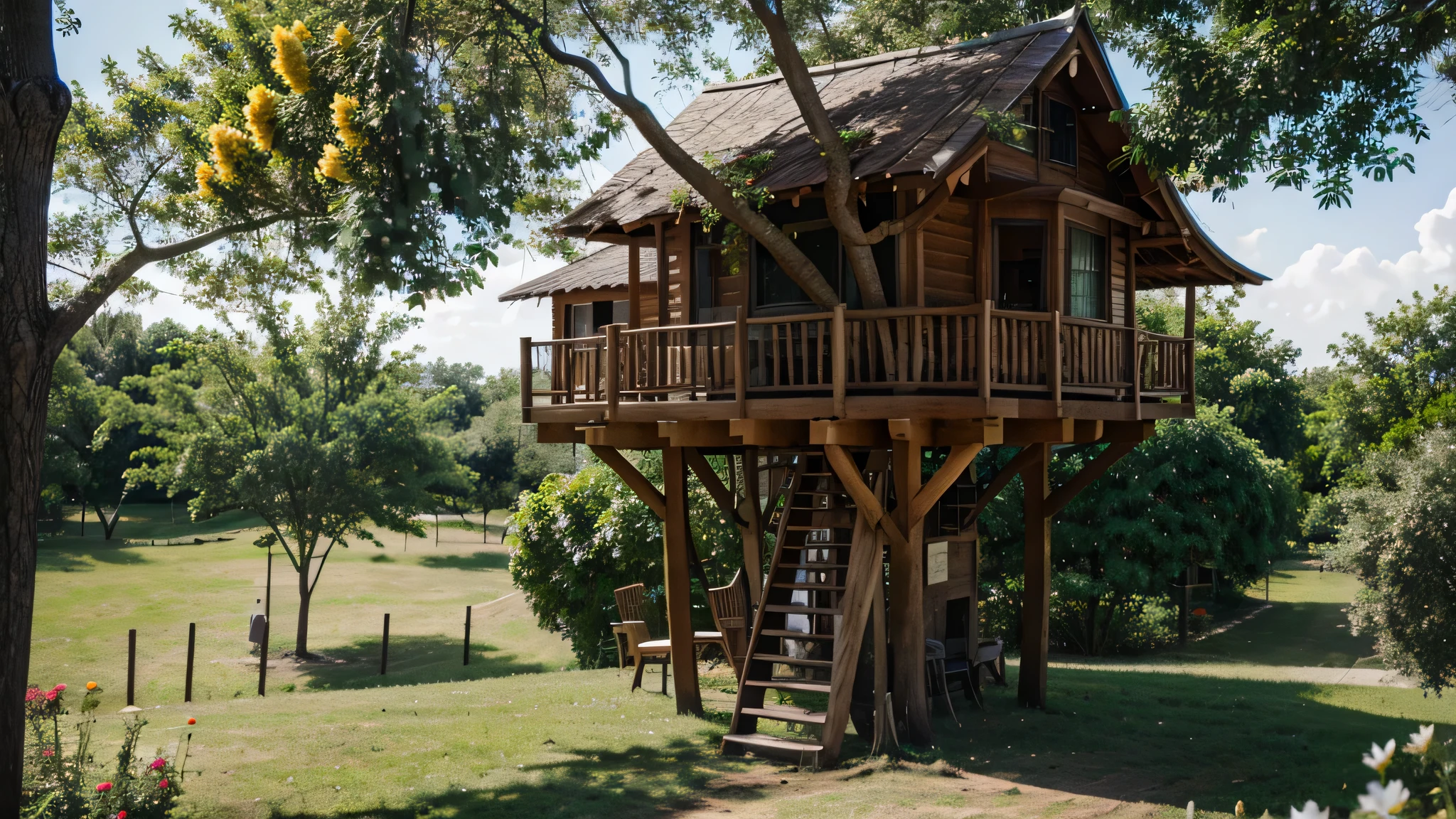 cabane dans les arbres avec des fleurs