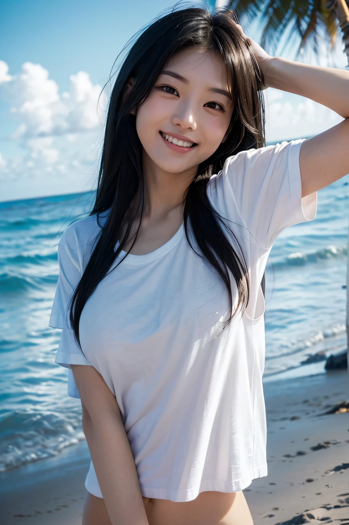 ((angle from the side、whole body、I'll give you one'chest of))、highest quality, (((whole body)))、(((big breasts、Gcup)))、beautiful japanese girl,long hair、black hair、 Ocean, sandy beach, deserted island, (((whitevheadTshirt))), Smiling with a sexual expression,shiny skin