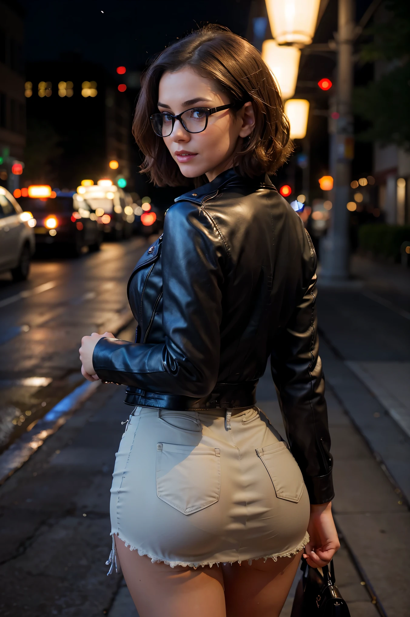 masterpiece, best quality, (lifelike:1.4), beautiful woman, from behind, round ass, short brown hair, light gray glasses, black leather jacket, medium shot, high resolution, 4k photos, high resolutionolution, In the style of Gregory Crewdson, photorealism, surreal, Bokeh, Canon 5D Mark II, sigma 85mm f/1.4, ISO 400, 1/160 seconds, medium format printing, Inspired by Darren Allen